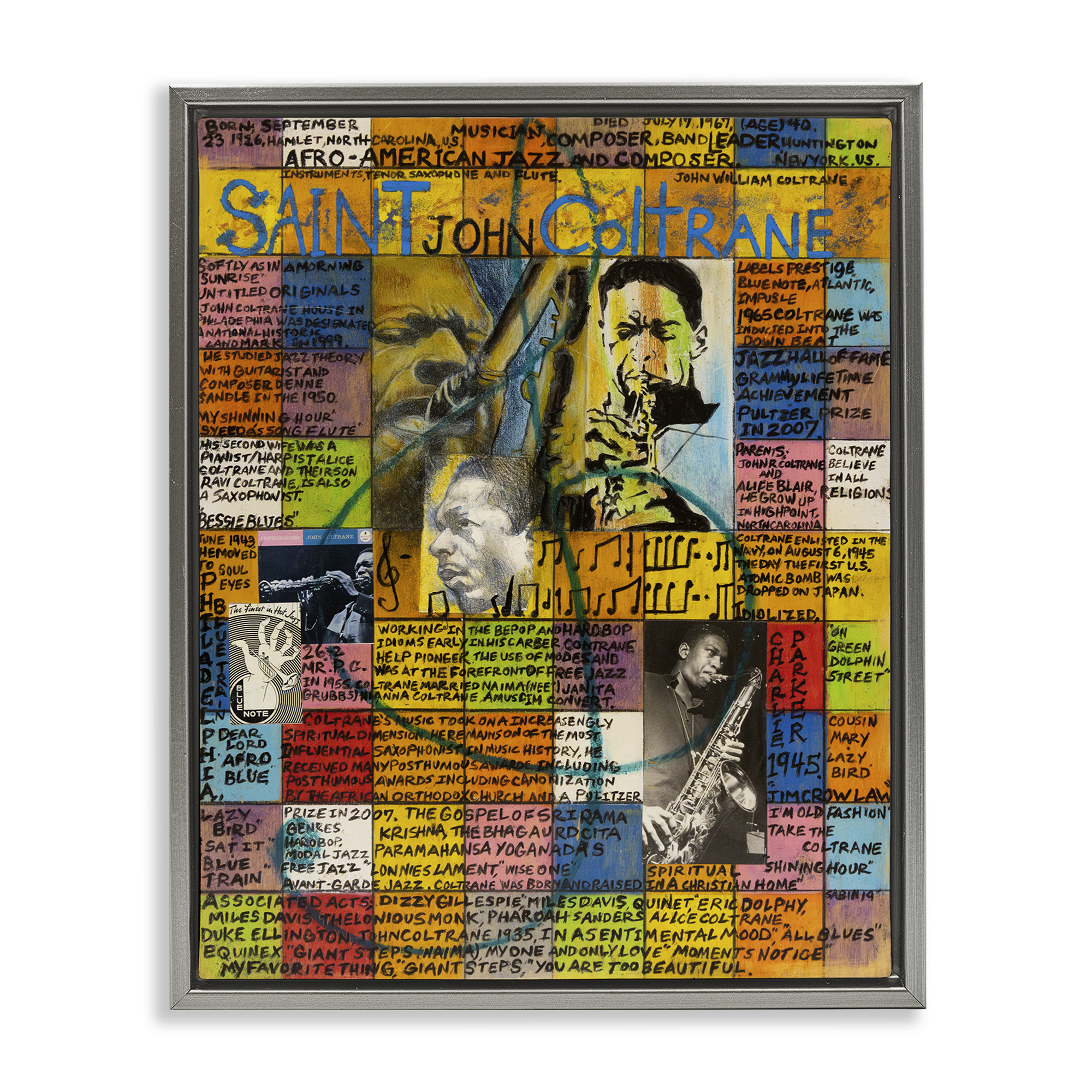 Stupell Industries Saint John Coltrane Collage People Drawing Gray Floater Framed Canvas Art Print Wall Art, 25 x 31