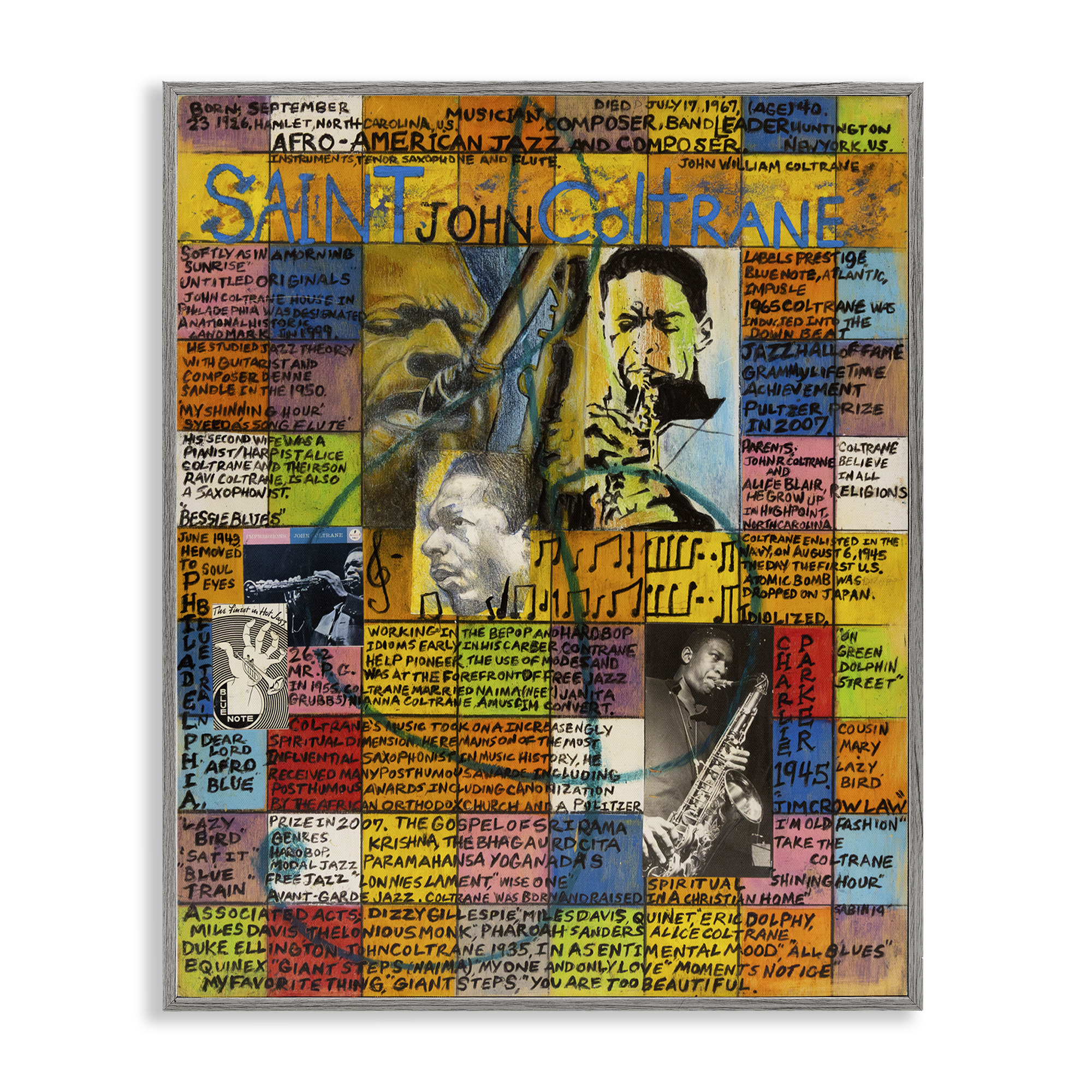 Stupell Industries Saint John Coltrane Collage People Drawing Gray Framed Art Print Wall Art, 16 x 20