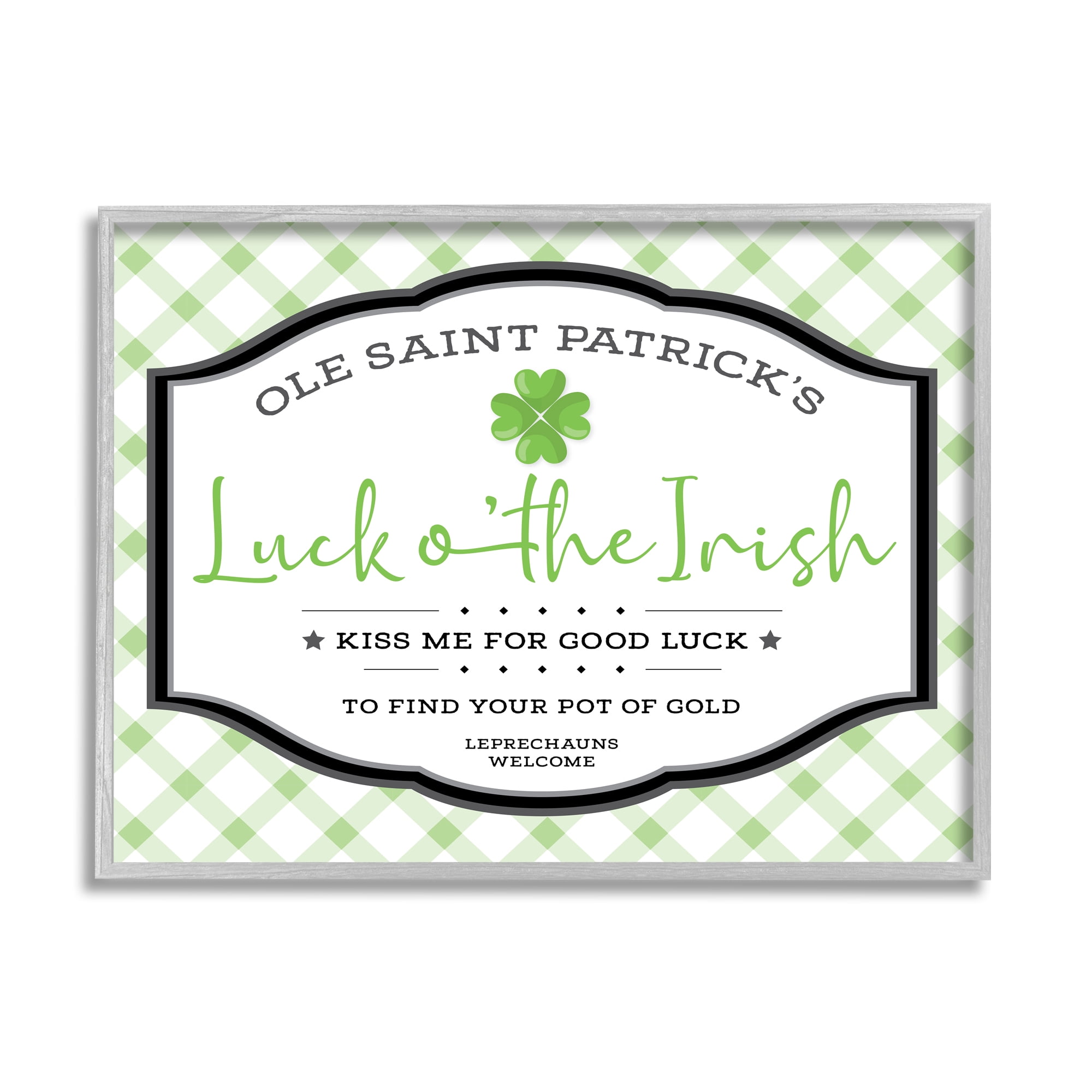Stupell Industries Saint Patrick's Luck o'the Irish Sign Green Plaid Graphic Art Gray Framed Art Print Wall Art, 11x14, by AE Design