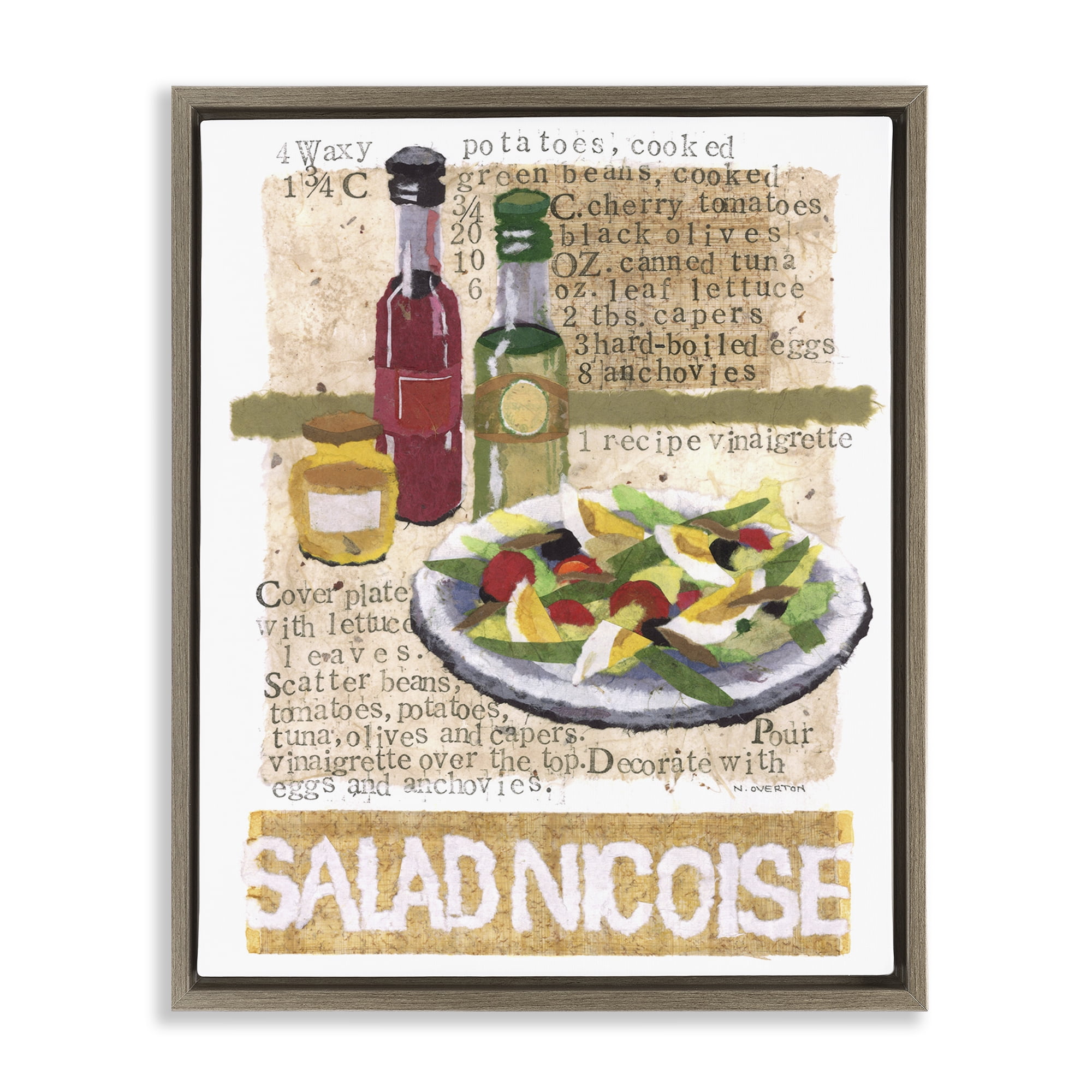 Stupell Industries Salad Nicoise Recipe Food & Beverage Painting Brown Floater Framed Art Print Wall Art, 17 x 21