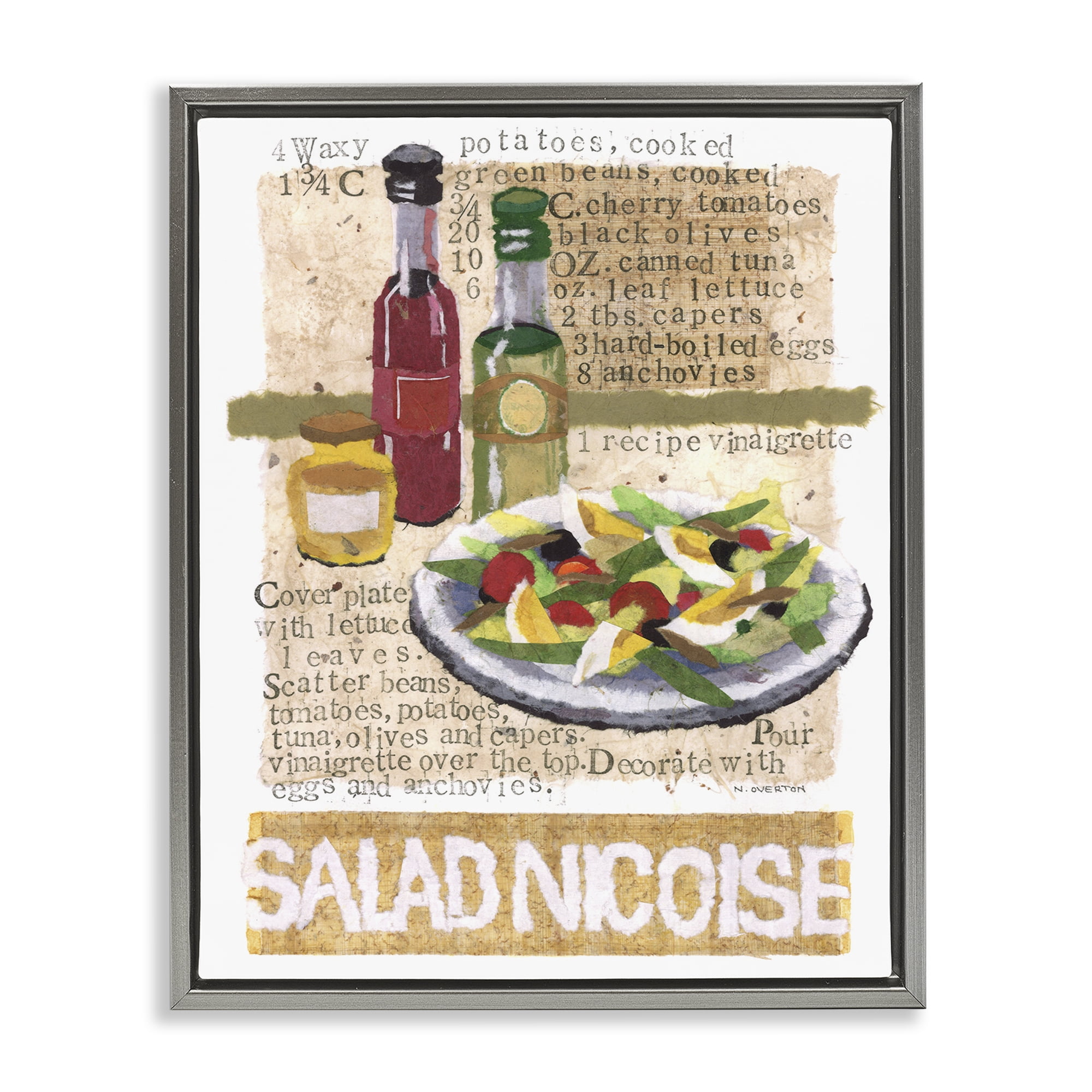 Stupell Industries Salad Nicoise Recipe Food & Beverage Painting Gray Floater Framed Art Print Wall Art, 17 x 21