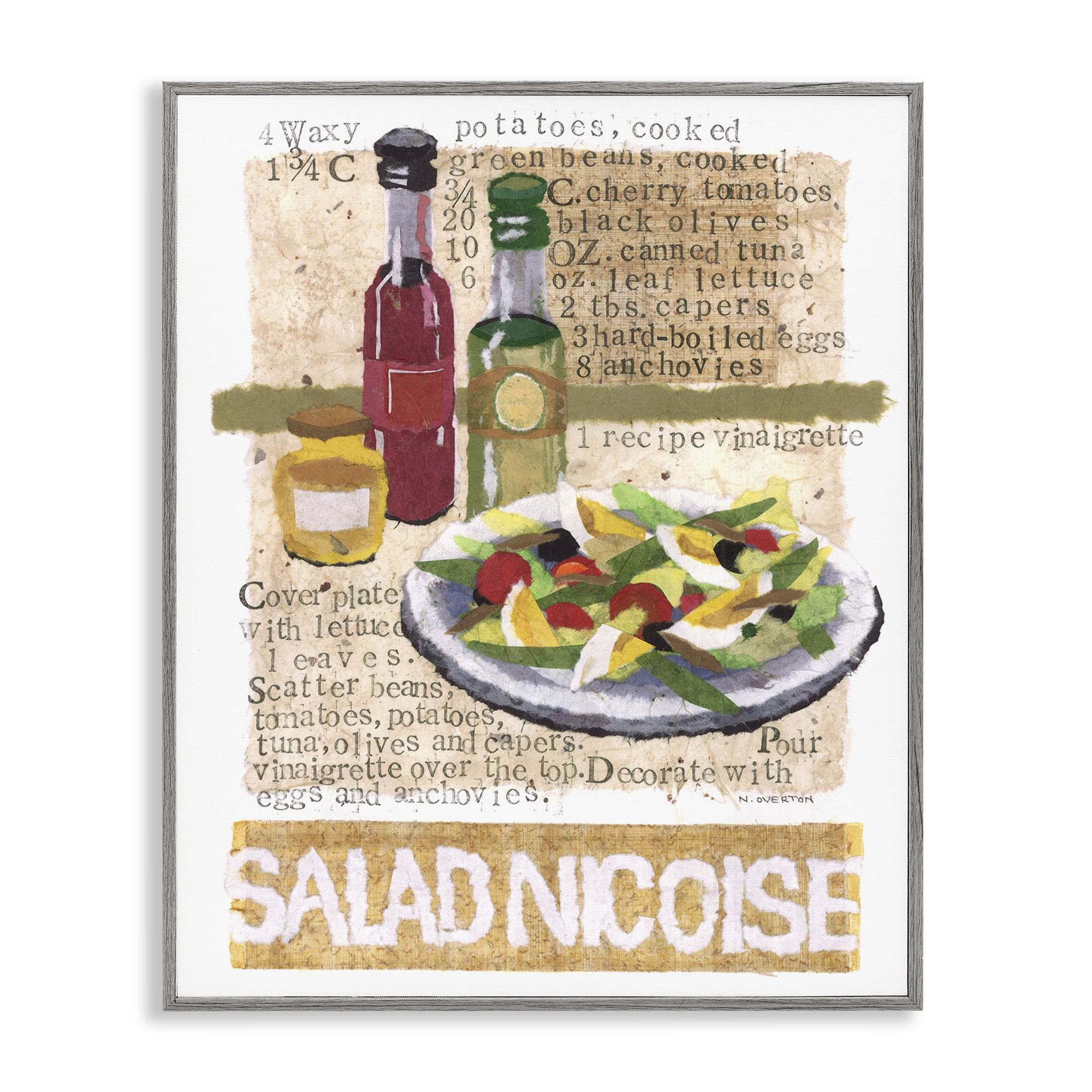 Stupell Industries Salad Nicoise Recipe Food & Beverage Painting Gray Framed Art Print Wall Art, 11 x 14
