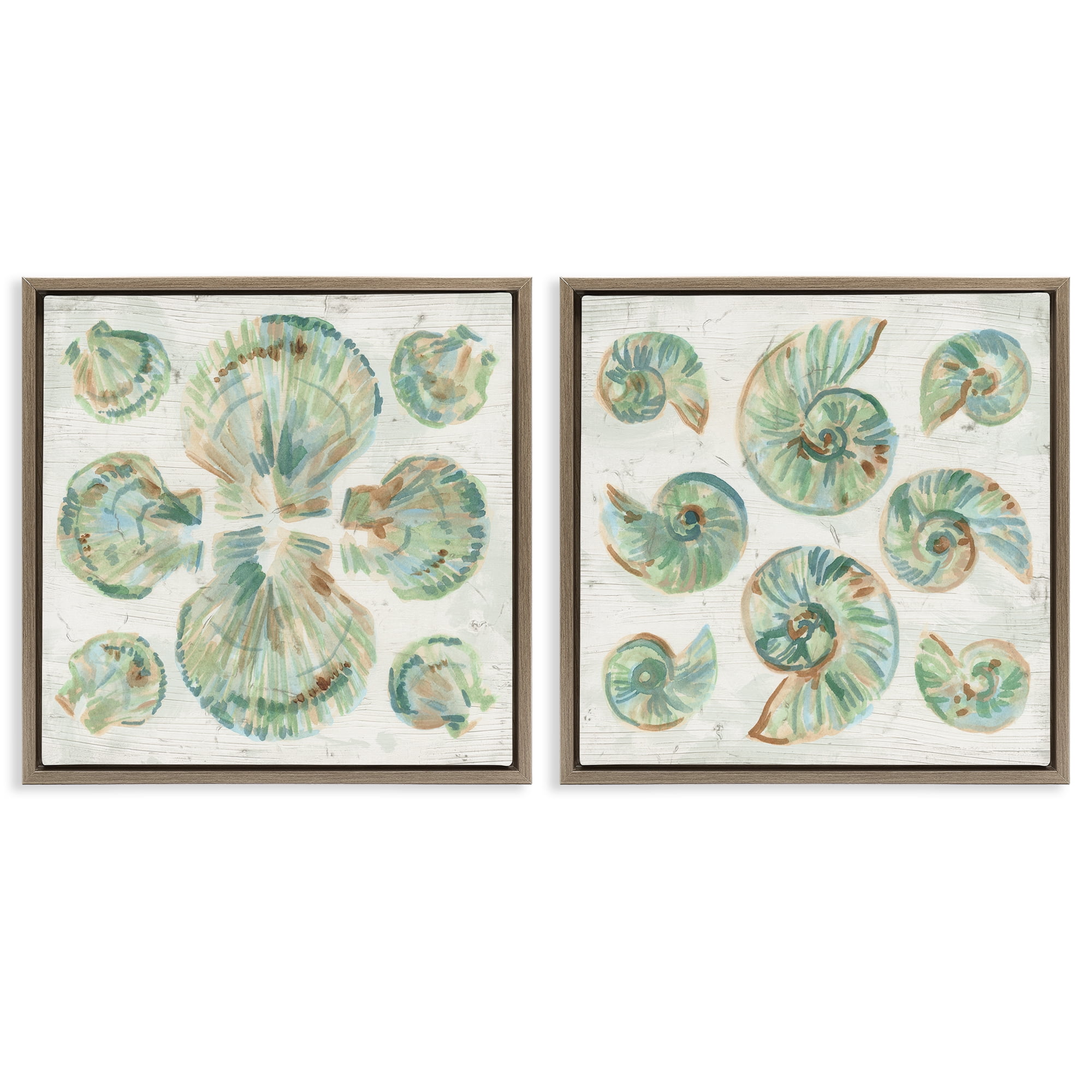 Stupell Industries Saltwashed Seashells Pattern 2 Piece Brown Framed Floater Canvas Set, design by June Erica Vess