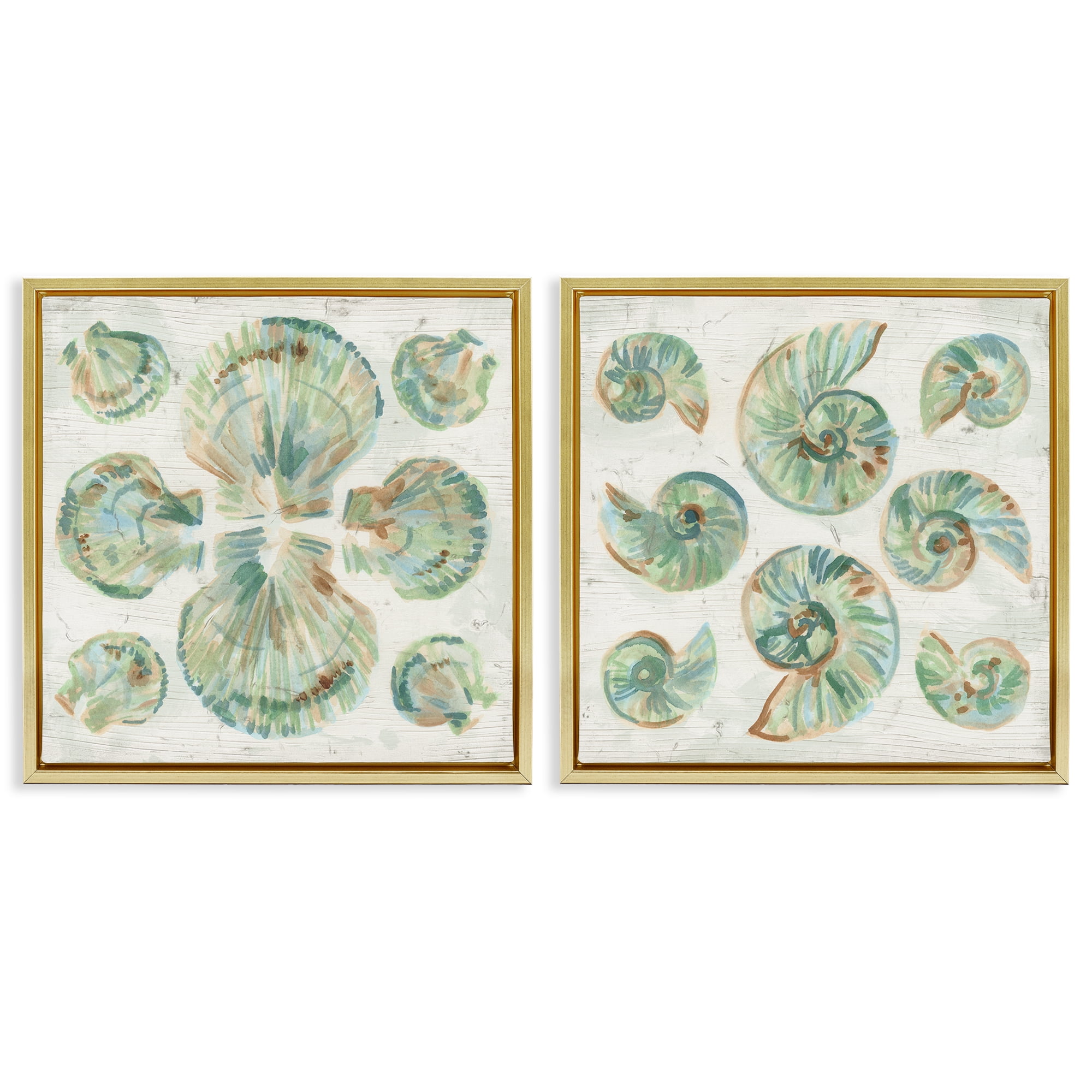 Stupell Industries Saltwashed Seashells Pattern 2 Piece Gold Framed Floater Canvas Set, design by June Erica Vess