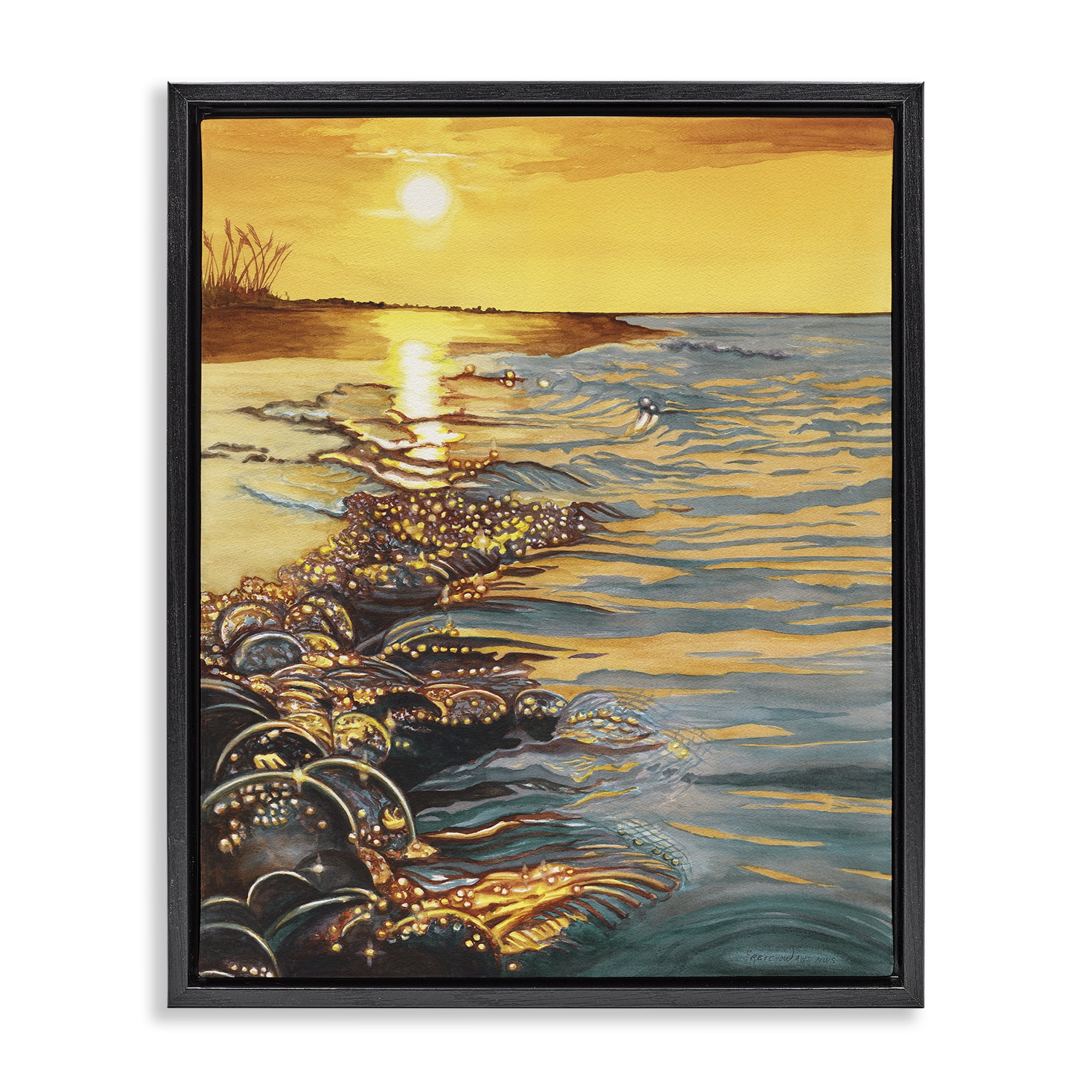 Stupell Industries Saltwater Beach Sunset Landscape Painting Black Floater Framed Canvas Art Print Wall Art, 17 x 21
