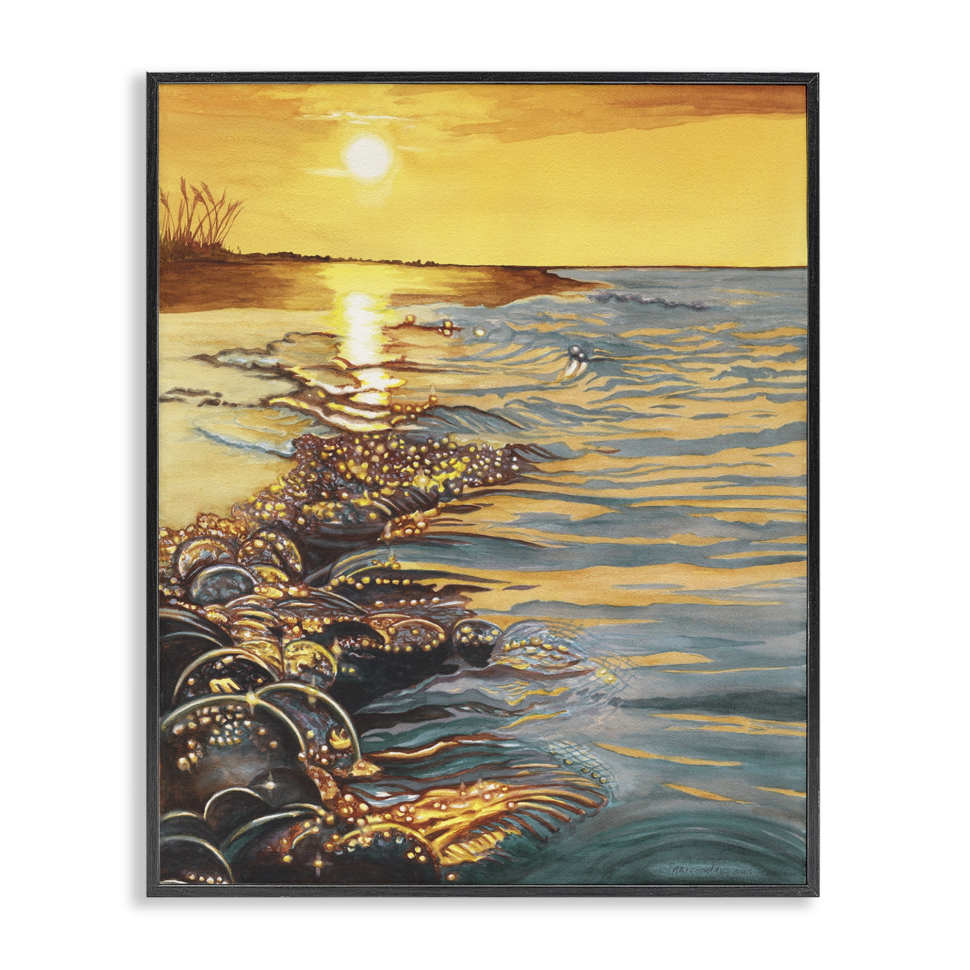 Saltwater Beach Sunset Landscape Painting with Black Frame, 11 x 14