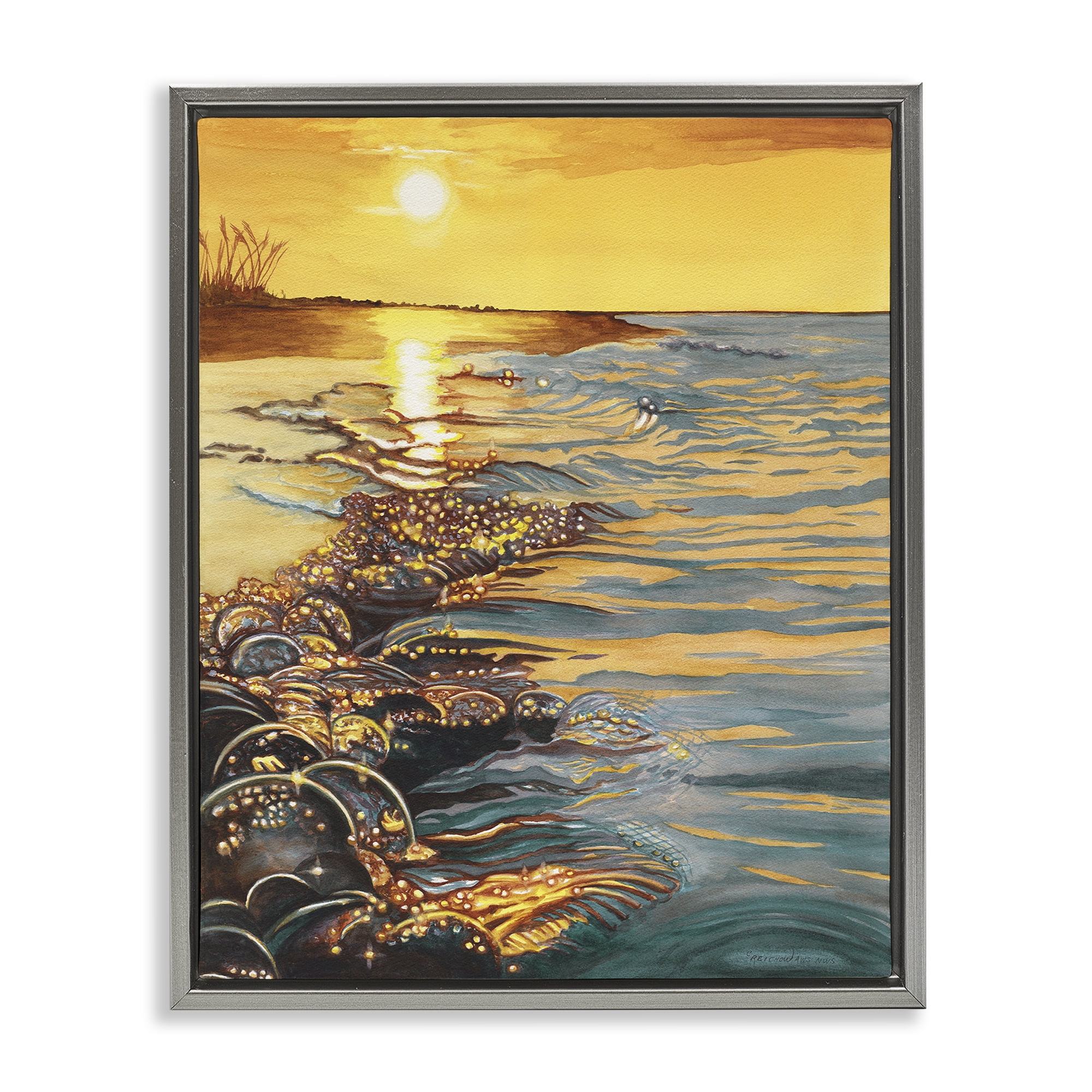 Stupell Industries Saltwater Beach Sunset Landscape Painting Gray Floater Framed Canvas Art Print Wall Art, 17 x 21