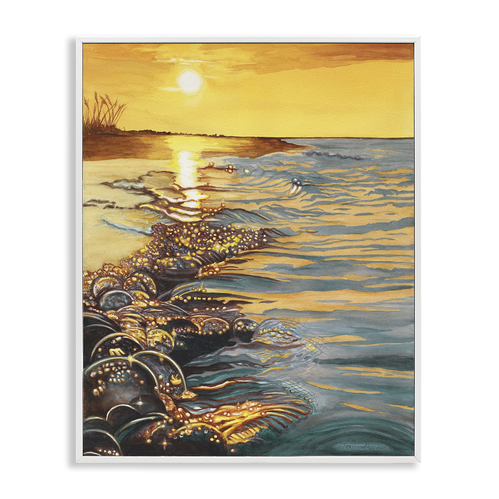 Stupell Industries Saltwater Beach Sunset Landscape Painting White Framed Art Print Wall Art, 24 x 30