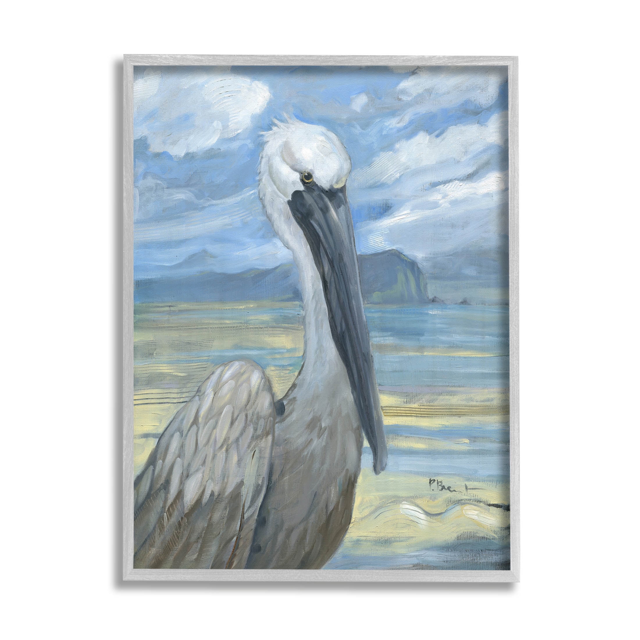 Stupell Industries Salty Pelican Cloudy Coastal beach Painting Gray Framed Art Print Wall Art, Design by Paul Brent