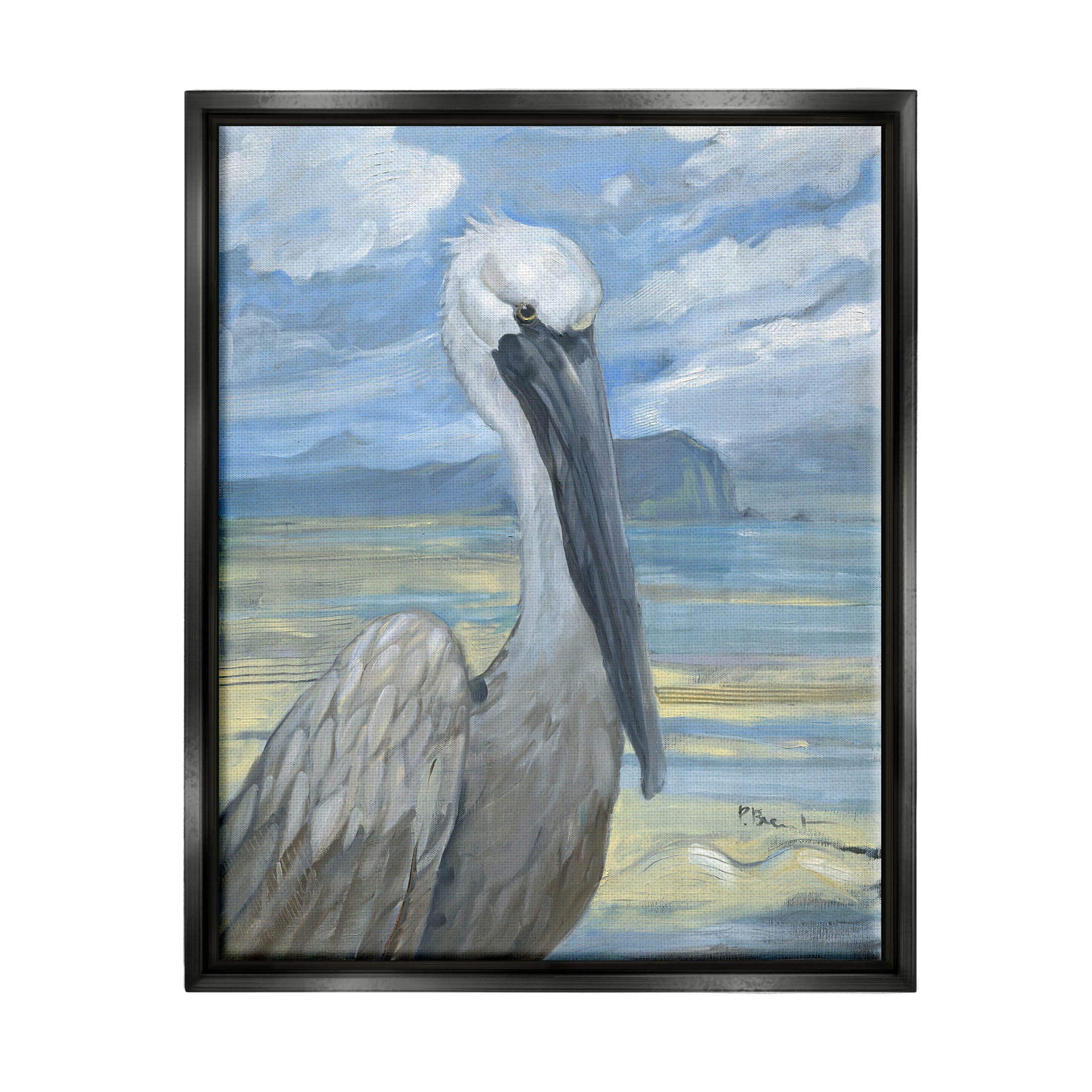 Stupell Industries Salty Pelican Cloudy Coastal beach Painting Jet Black Floating Framed Canvas Print Wall Art, Design by Paul Brent