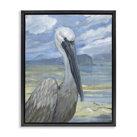 Stupell Industries Coastal Salty Pelican Cloudy Coastal beach Black Floating Frame Canvas Art, 17 x 21, by Paul Brent