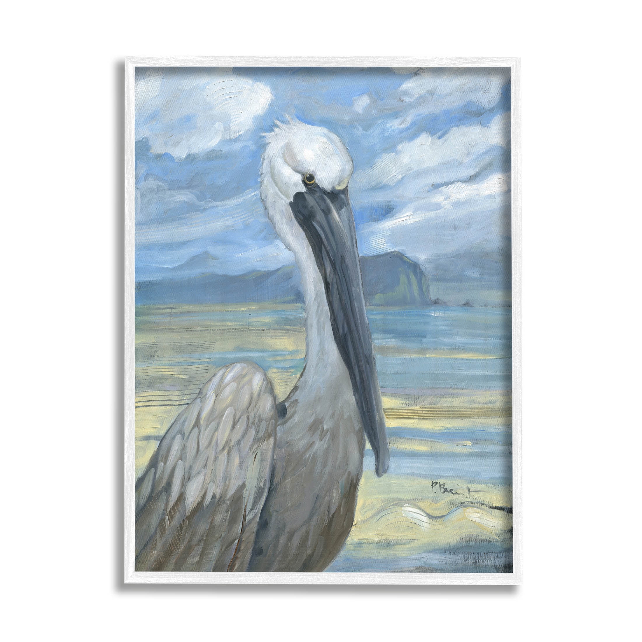 Stupell Industries Salty Pelican Cloudy Coastal beach Painting White Framed Art Print Wall Art, Design by Paul Brent