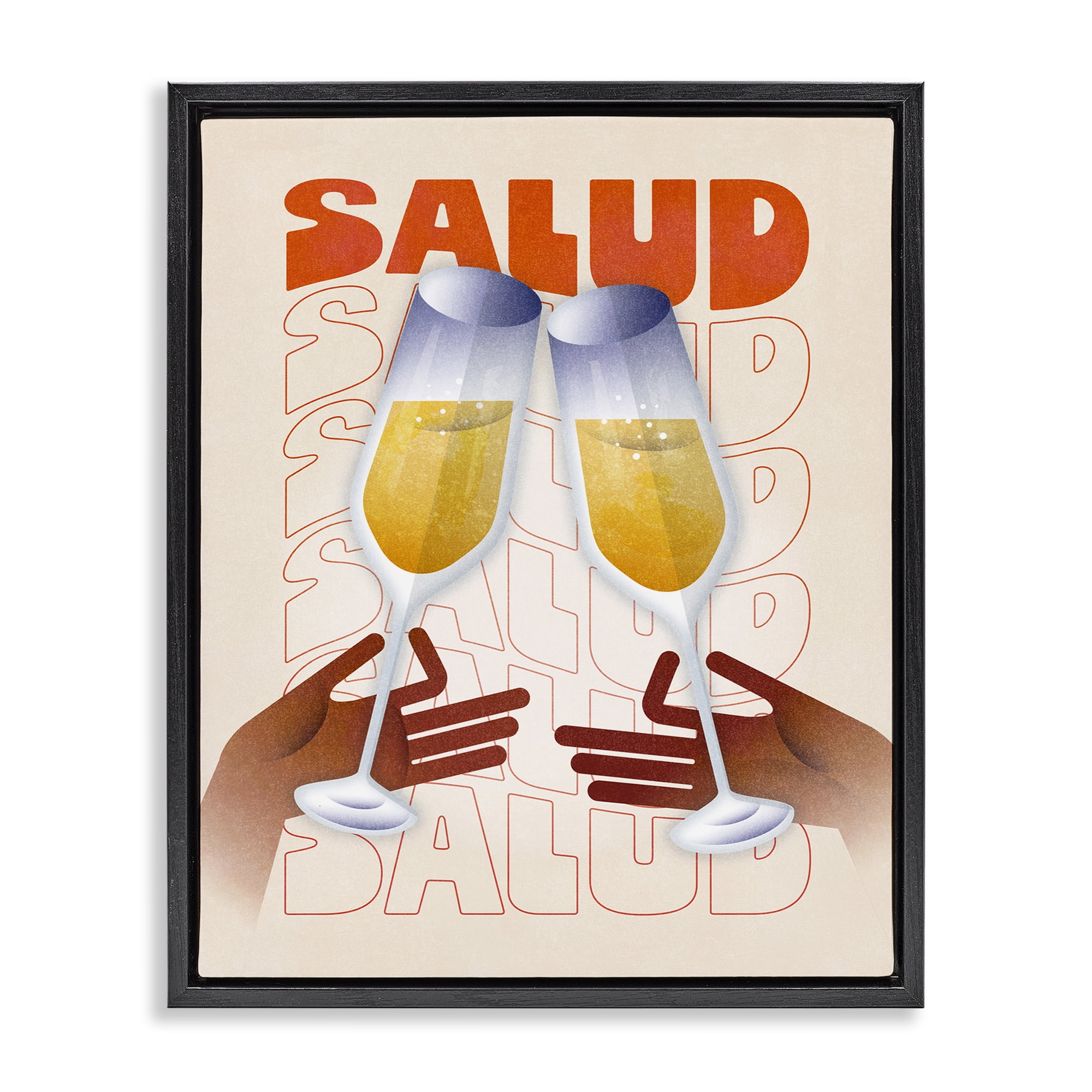 Stupell Industries Salud Cheers Champagne Food & Beverage Painting Black Floater Framed Canvas Art Print Wall Art, 25 x 31