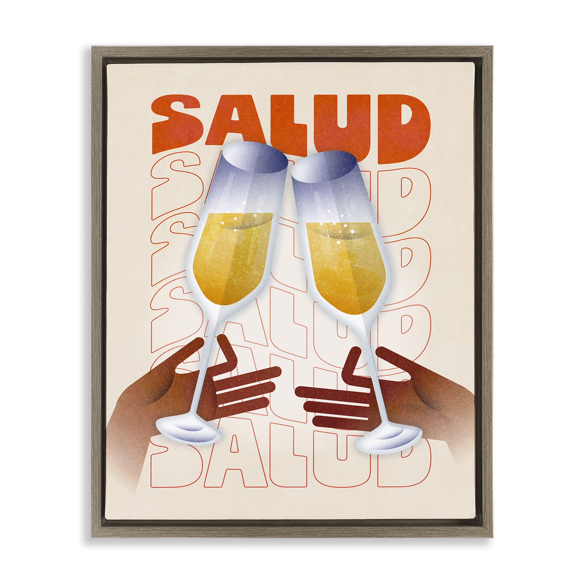 Stupell Industries Salud Cheers Champagne Food & Beverage Painting Brown Floater Framed Canvas Art Print Wall Art, 25 x 31