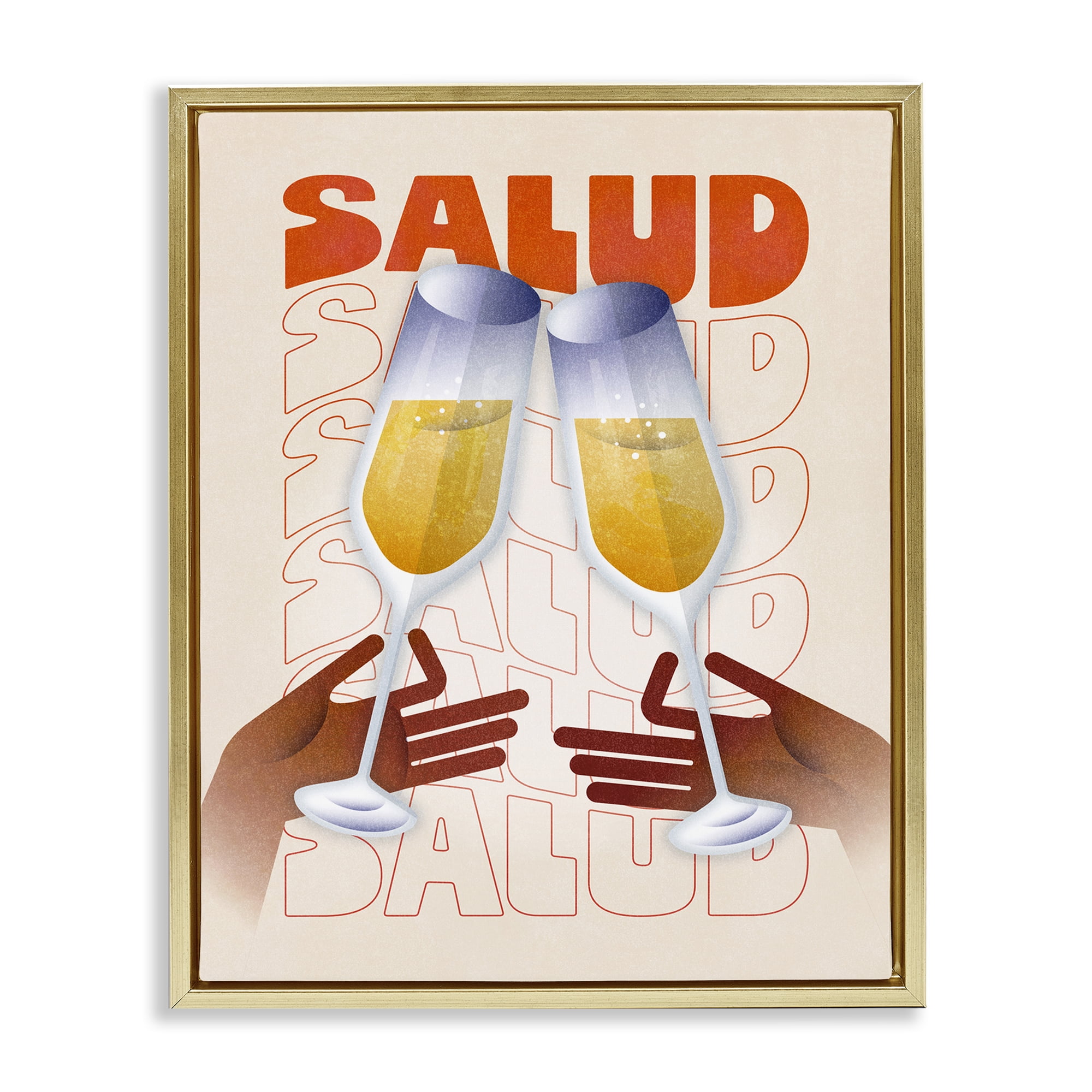 Stupell Industries Salud Cheers Champagne Food & Beverage Painting Gold Floater Framed Canvas Art Print Wall Art, 25 x 31
