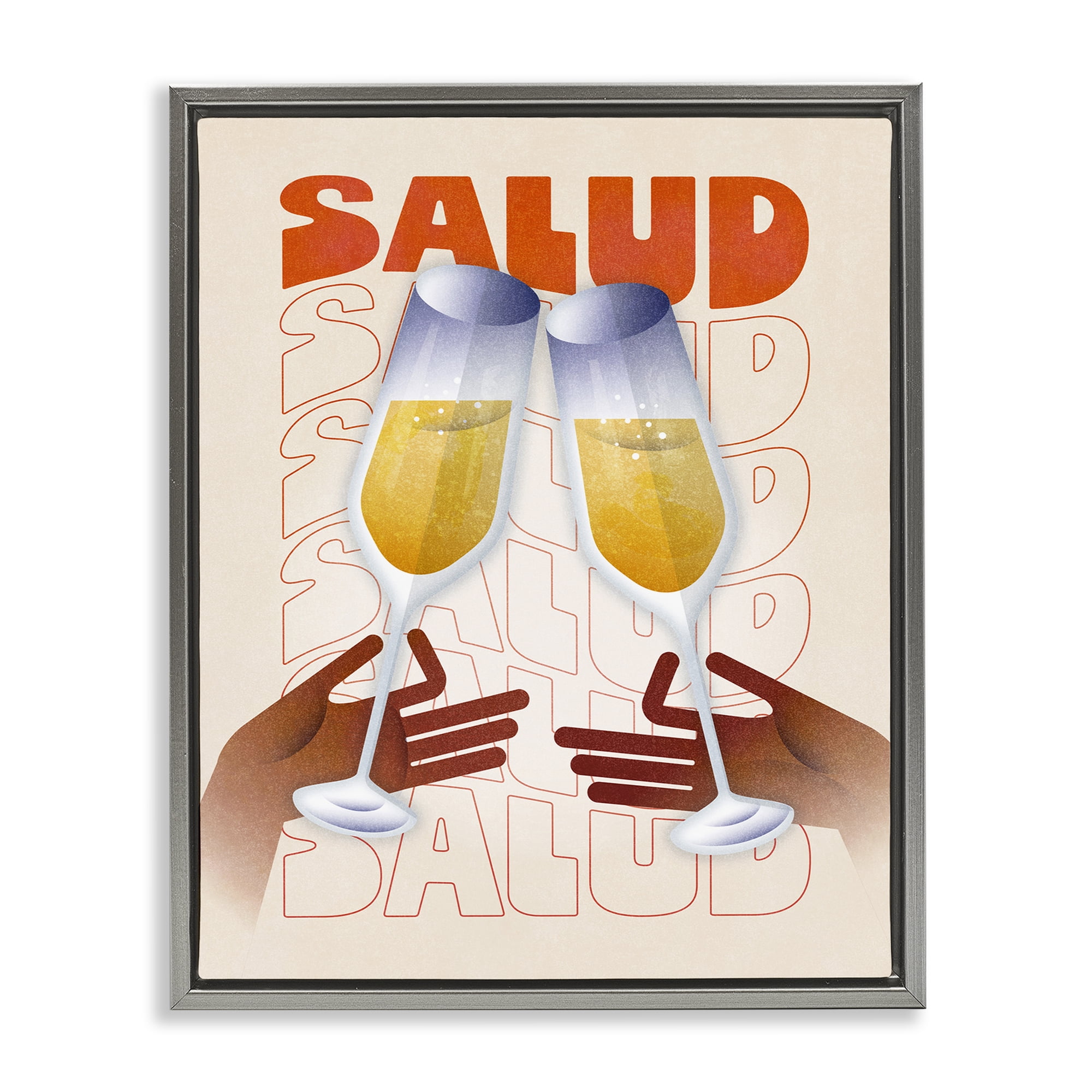 Stupell Industries Salud Cheers Champagne Food & Beverage Painting Gray Floater Framed Canvas Art Print Wall Art, 25 x 31