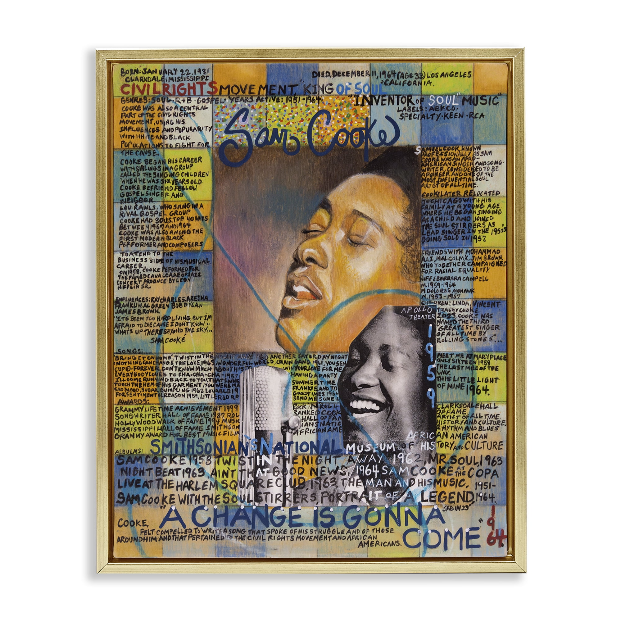 Stupell Industries Sam Cooke Collage People Drawing Gold Floater Framed Canvas Art Print Wall Art, 17 x 21