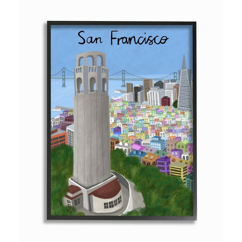 San Francisco Landmark City Scene Colorful Canvas Print with Black Frame