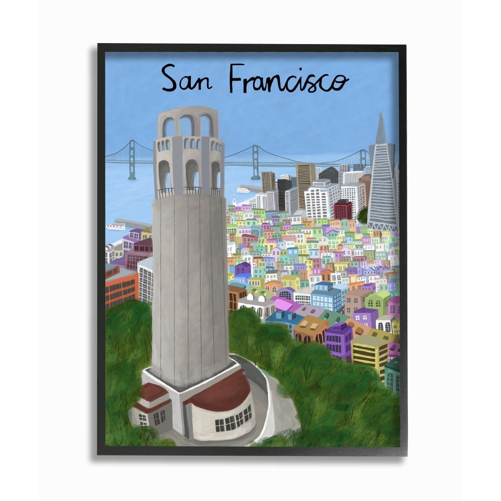 Stupell Industries San Francisco Landmark City Scene Colorful California Architecture Framed Wall Art Design by Carla Daly, 16" x 20", Black Framed