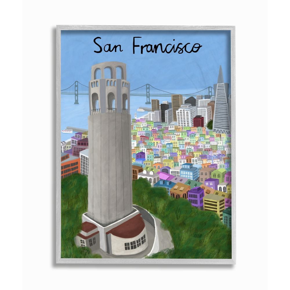 Stupell Industries San Francisco Landmark City Scene Colorful California Architecture Framed Wall Art Design by Carla Daly, 16" x 20", Gray Framed