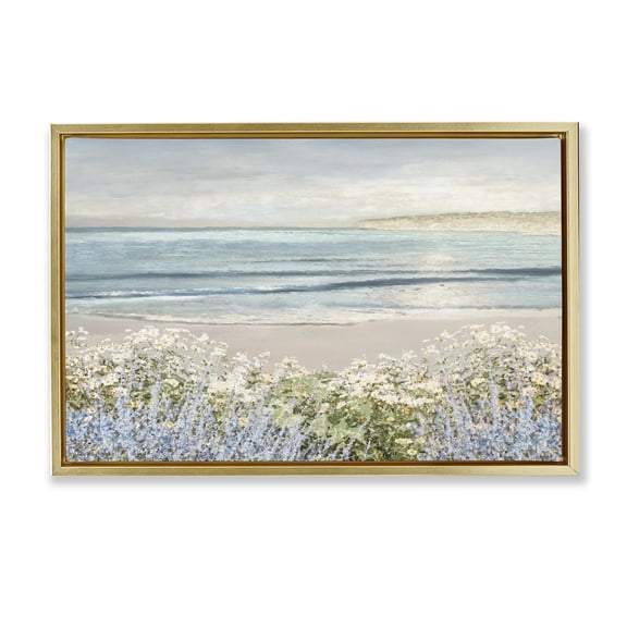 Stupell Industries Coastal Sand And Blooms Beach Gold Floating Frame Canvas Art, 31 x 21, by Amber Sterling