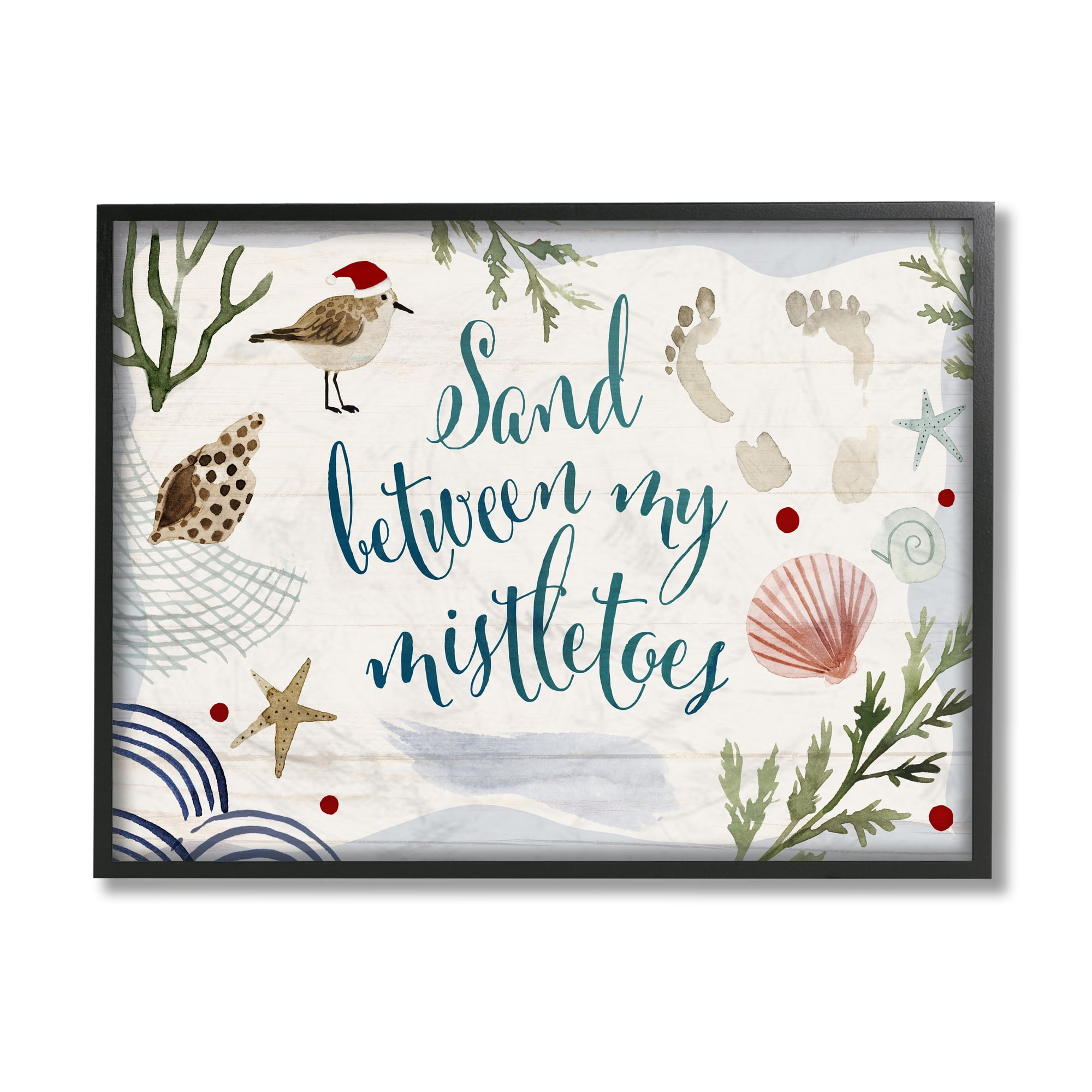 Stupell Industries Sand Between Mistletoes Phrase Nautical Beach Christmas Black Framed Design by Victoria Barnes