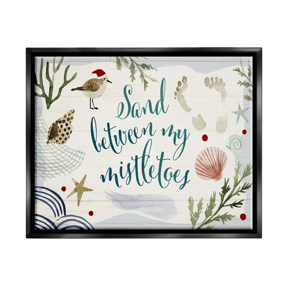 Stupell Industries Sand Between Mistletoes Phrase Nautical Beach Christmas Jet Black Framed Floating Canvas Wall Art, 16x20, by Victoria Barnes