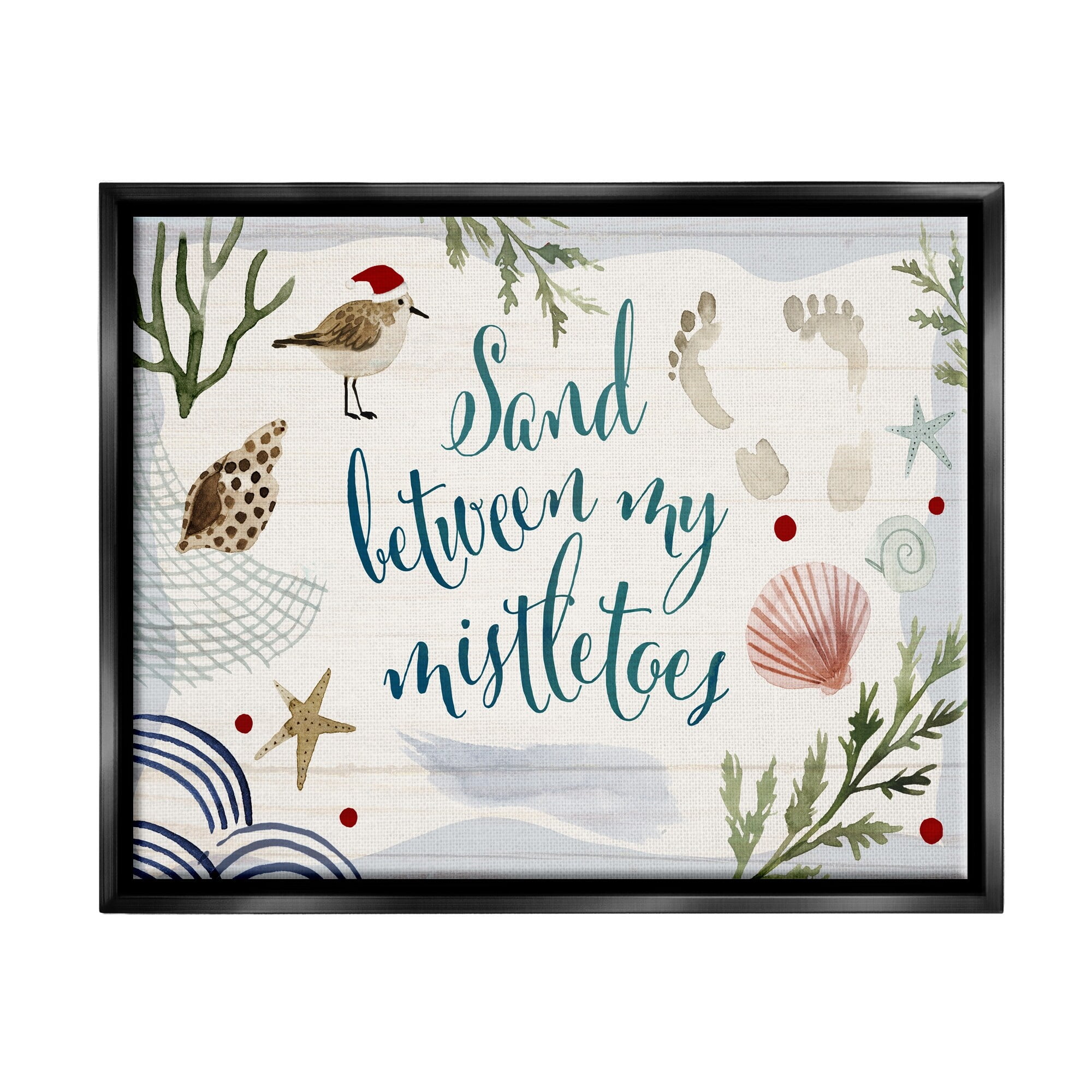Stupell Industries Sand Between Mistletoes Phrase Nautical Beach Christmas Metallic Gold Framed Floating Canvas Wall Art, 16x20, by Victoria Barnes