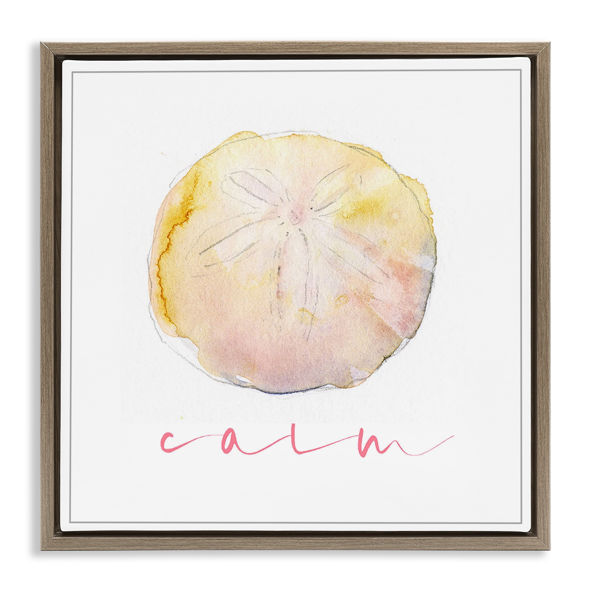 Stupell Industries Sand Dollar Calm Phrase Nautical & Beach Painting Brown Floater Framed Canvas Art Print Wall Art, 25 x 25