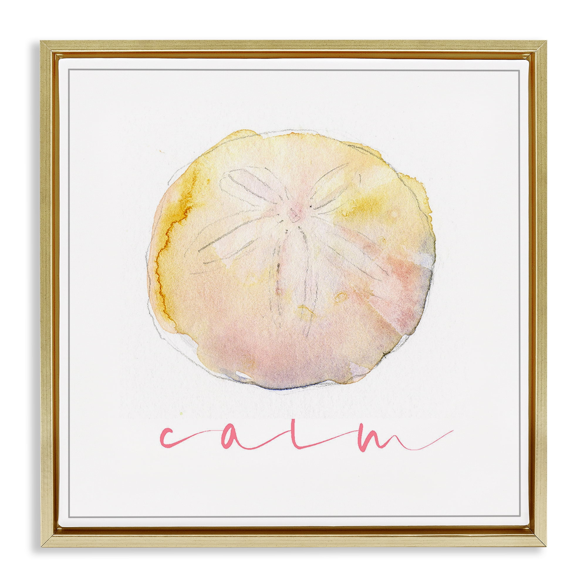 Stupell Industries Sand Dollar Calm Phrase Nautical & Beach Painting Gold Floater Framed Canvas Art Print Wall Art, 25 x 25