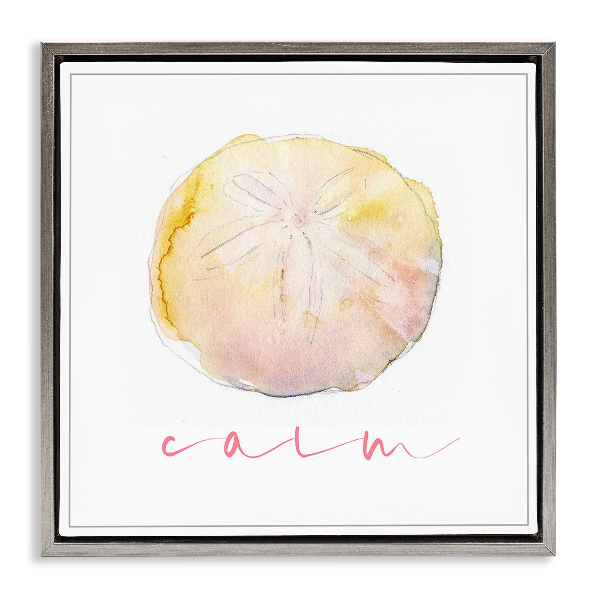 Stupell Industries Sand Dollar Calm Phrase Nautical & Beach Painting Gray Floater Framed Canvas Art Print Wall Art, 18 x 18
