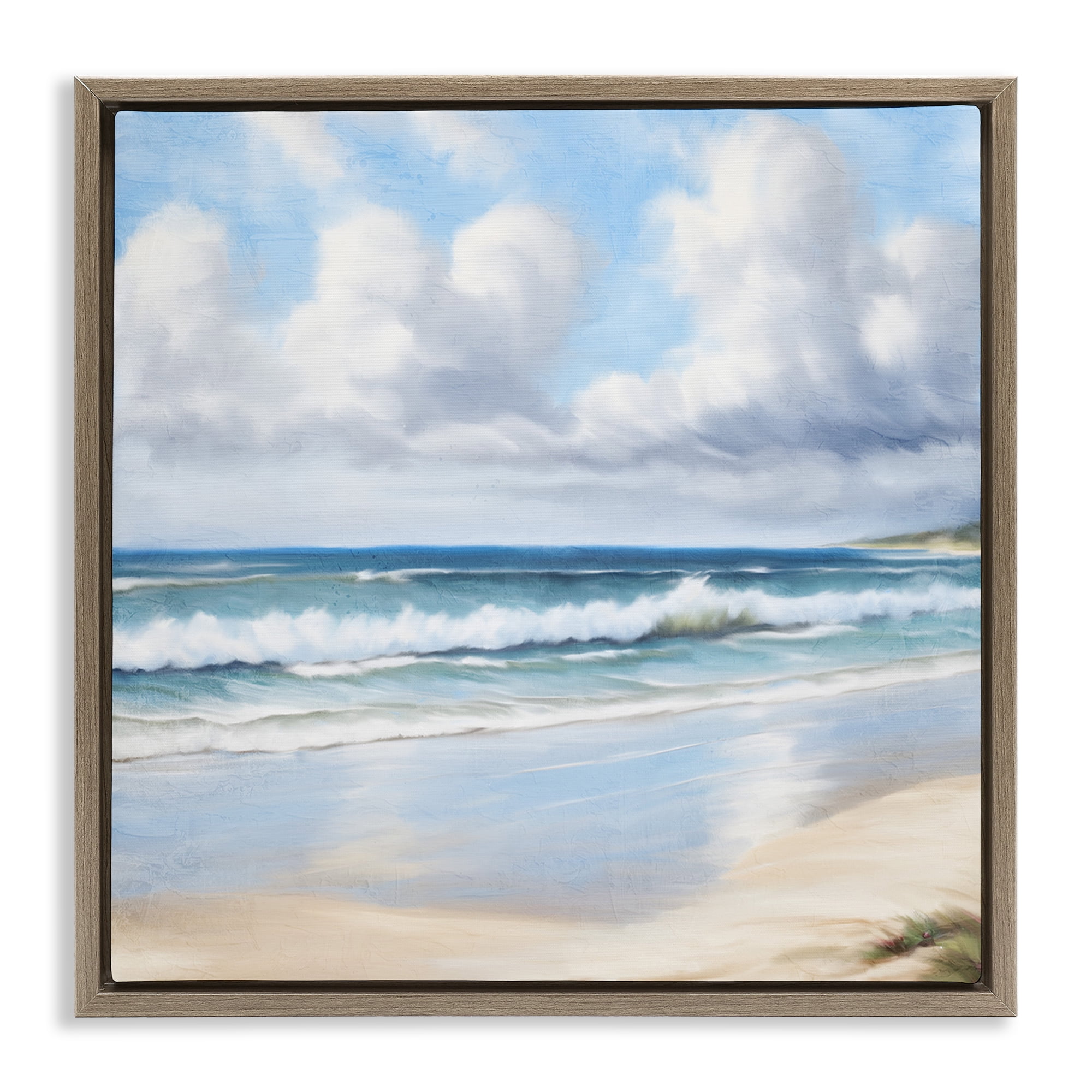 Stupell Industries Sand Walk Ocean Waves Landscape Painting Brown Floater Framed Canvas Art Print Wall Art, 18 x 18
