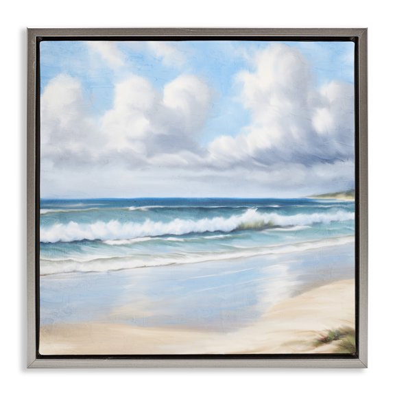 Stupell Industries Sand Walk Ocean Waves Landscape Painting Gray Floater Framed Canvas Art Print Wall Art, 18 x 18