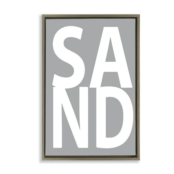 Stupell Industries Sand Word on Grey Typography Painting Brown Floater Framed Art Print Wall Art, 21 x 31