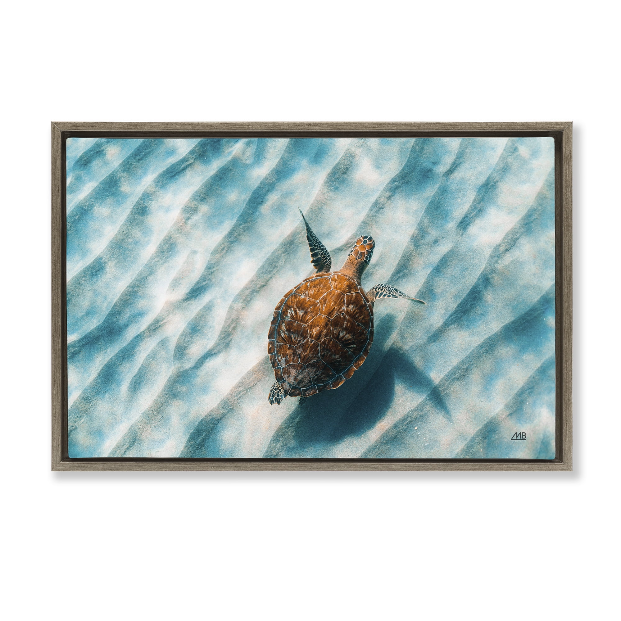 Stupell Industries Sandbar Sea Turtle Animals Photography Brown Floater Framed Canvas Art Print Wall Art, 25 x 17
