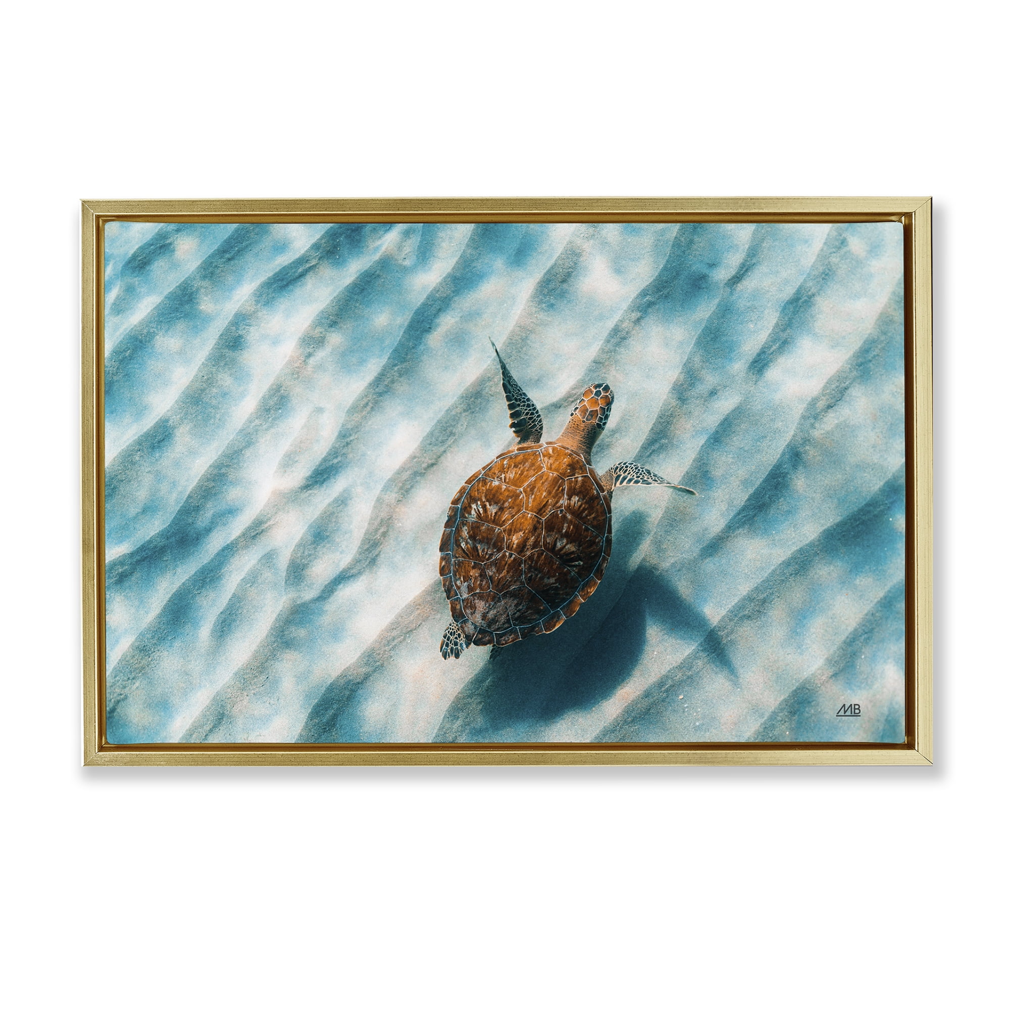 Stupell Industries Sandbar Sea Turtle Animals Photography Gold Floater Framed Canvas Art Print Wall Art, 31 x 21