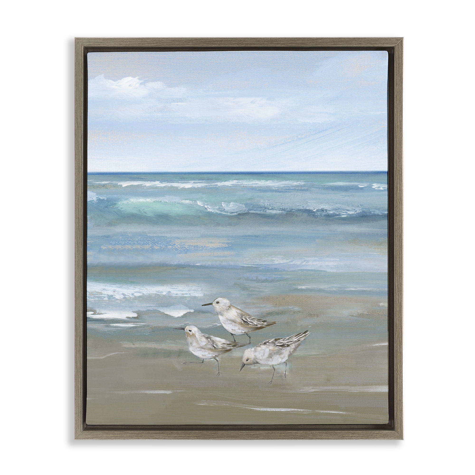 Stupell Industries Sanderlings on Gentle Waves Brown Framed Floater Canvas Wall Art, design by Nan