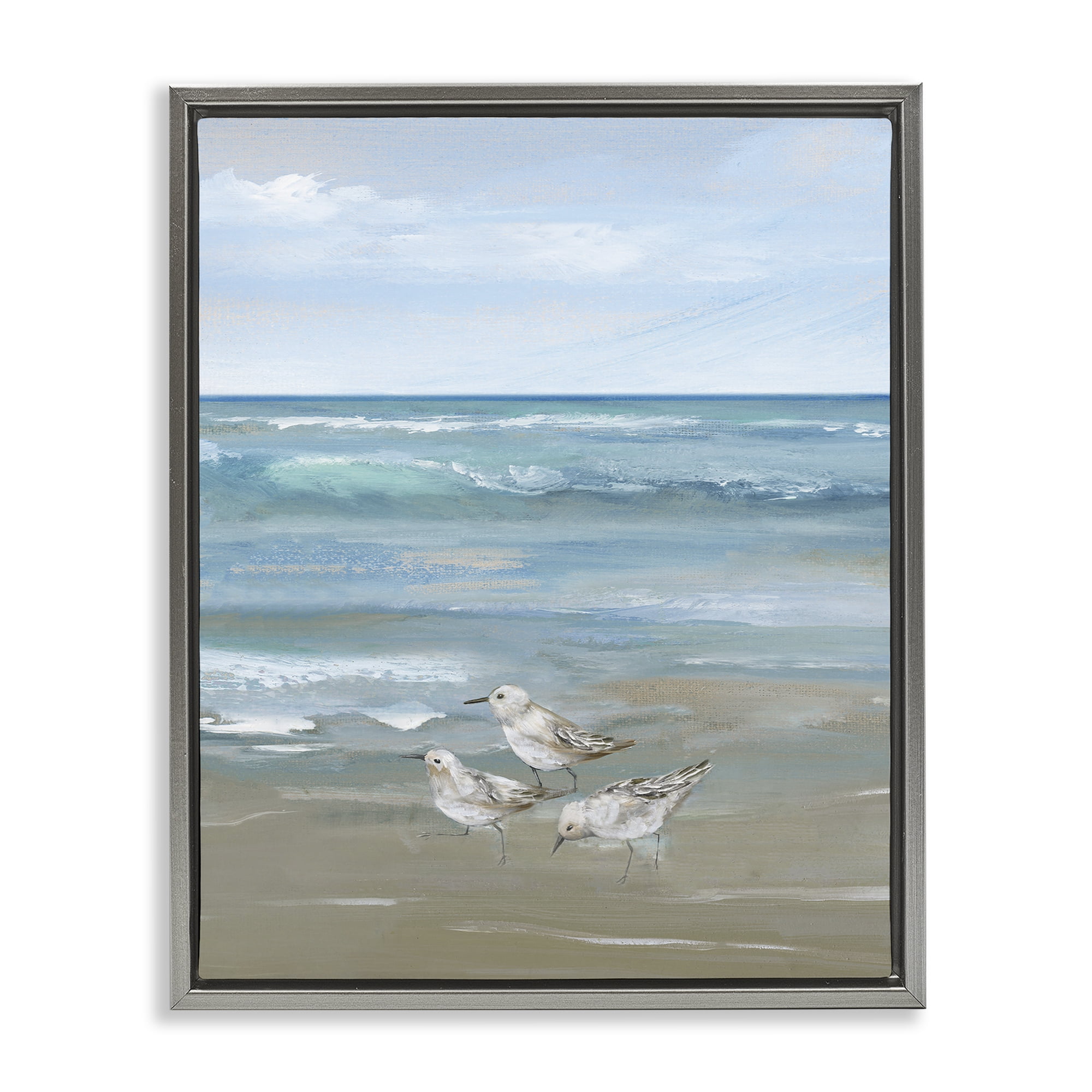 Stupell Industries Sanderlings on Gentle Waves Gray Framed Floater Canvas Wall Art, design by Nan