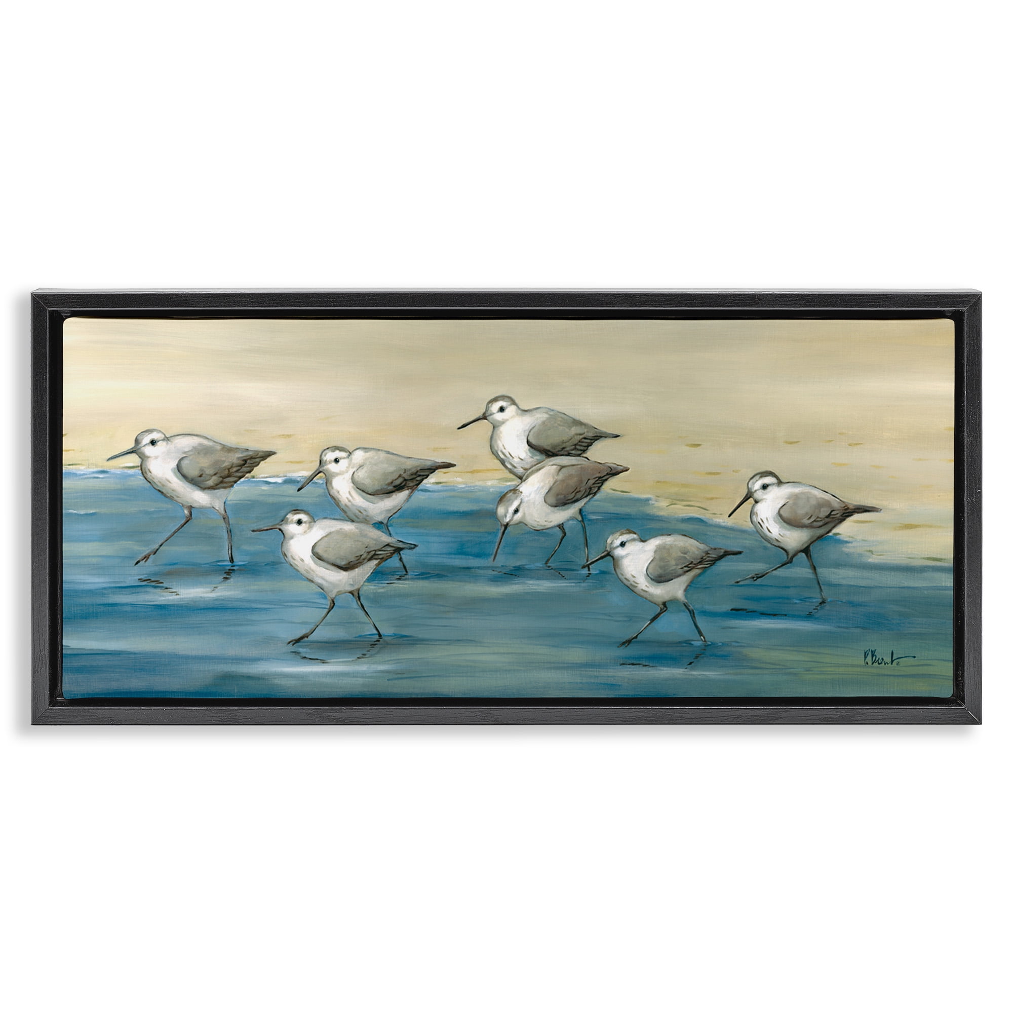 Stupell Industries Sandpiper Bird Flock Beach Shoreline Nature Painting Black Floater Framed Canvas Art Print Wall Art, 31 x 14