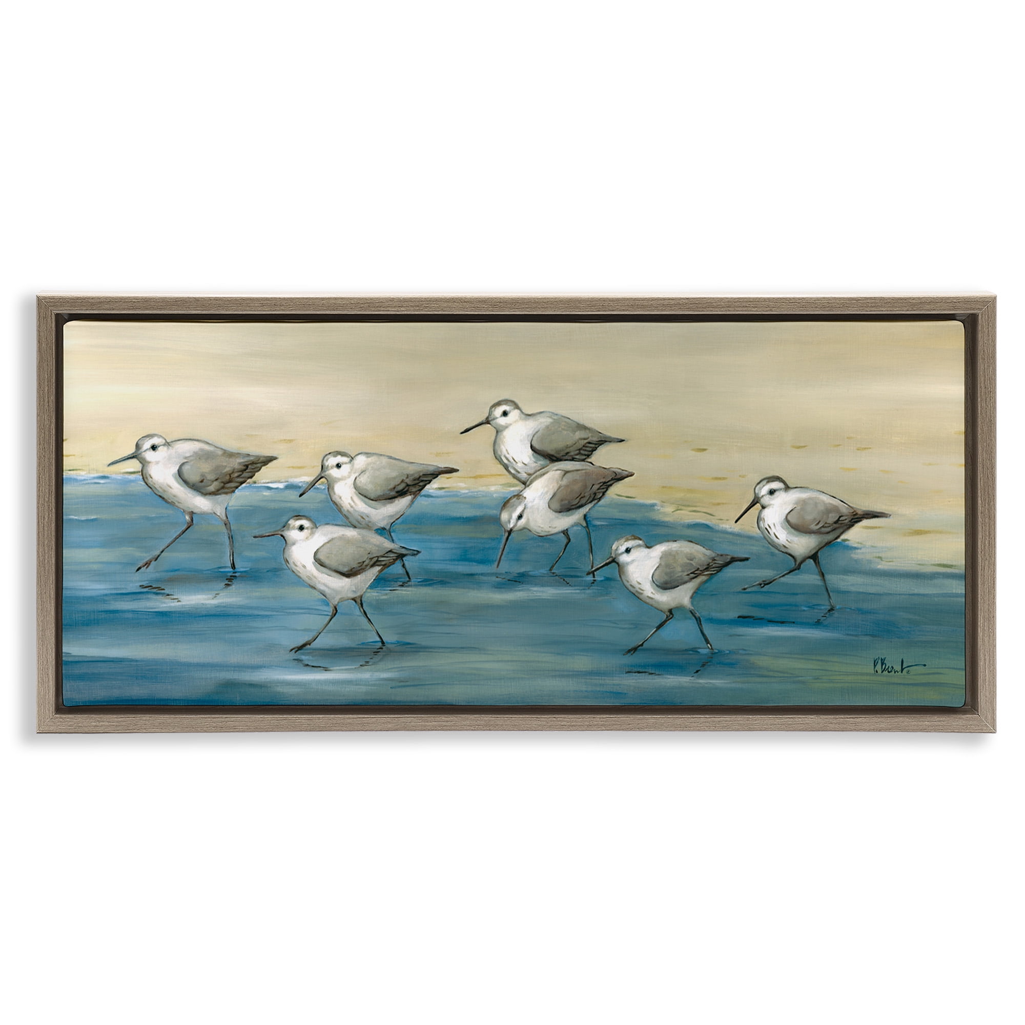 Stupell Industries Sandpiper Bird Flock Beach Shoreline Nature Painting Brown Floater Framed Canvas Art Print Wall Art, 31 x 14