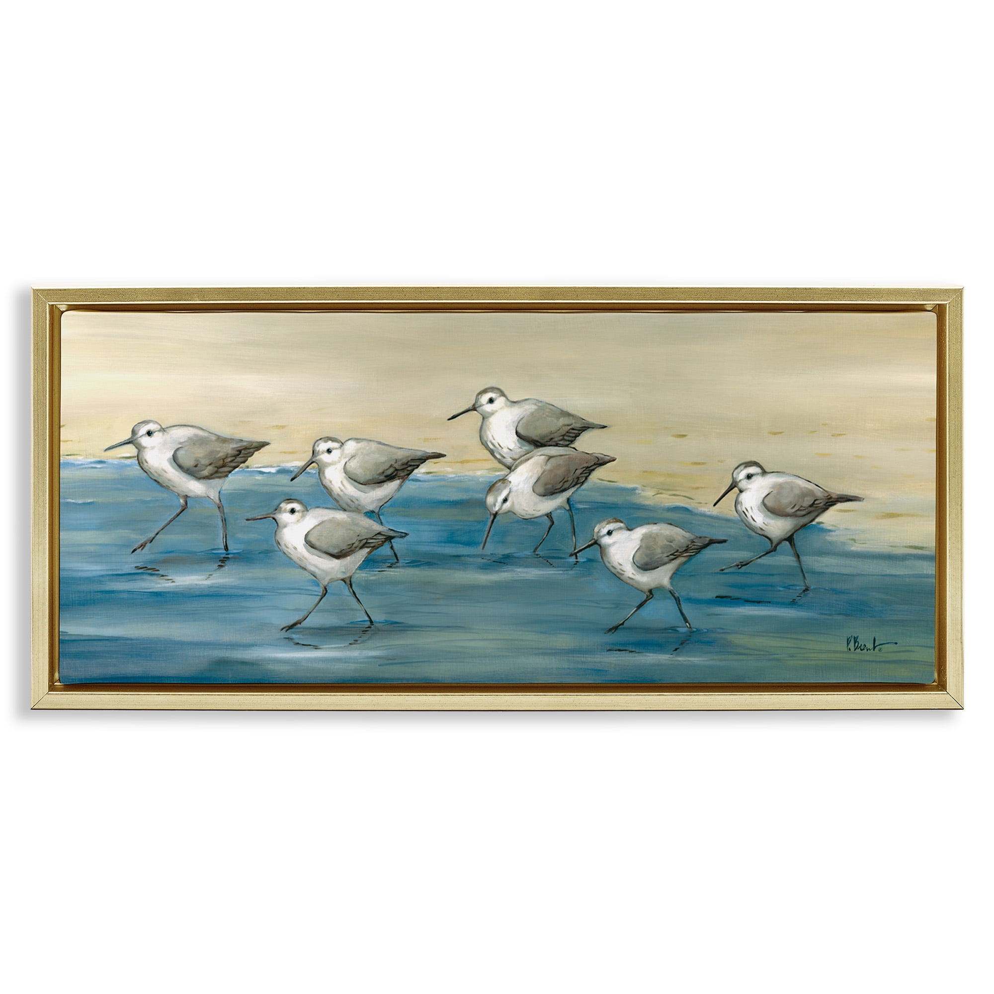 Stupell Industries Sandpiper Bird Flock Beach Shoreline Nature Painting Gold Floater Framed Canvas Art Print Wall Art, 25 x 11