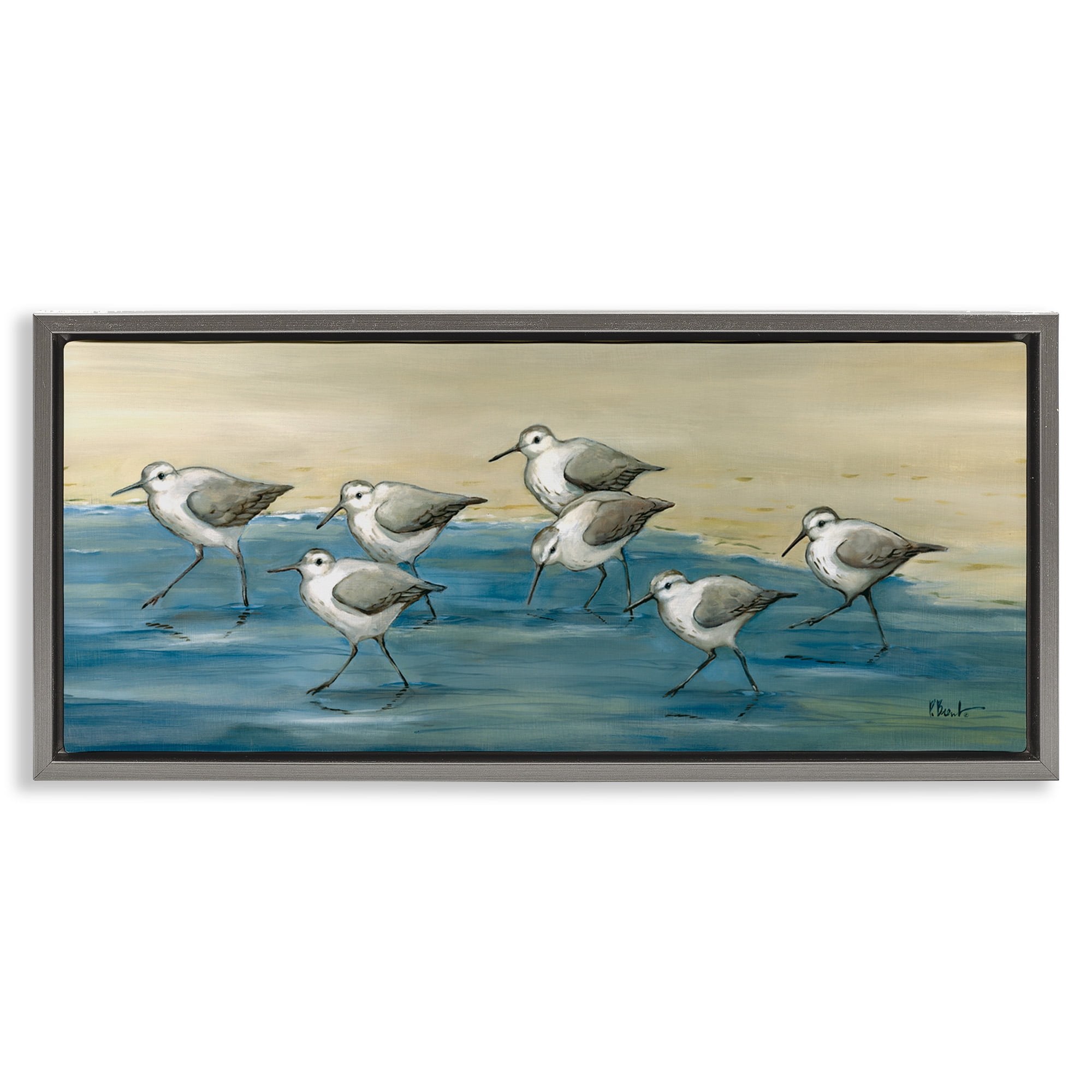 Stupell Industries Sandpiper Bird Flock Beach Shoreline Nature Painting Gray Floater Framed Canvas Art Print Wall Art, 31 x 14