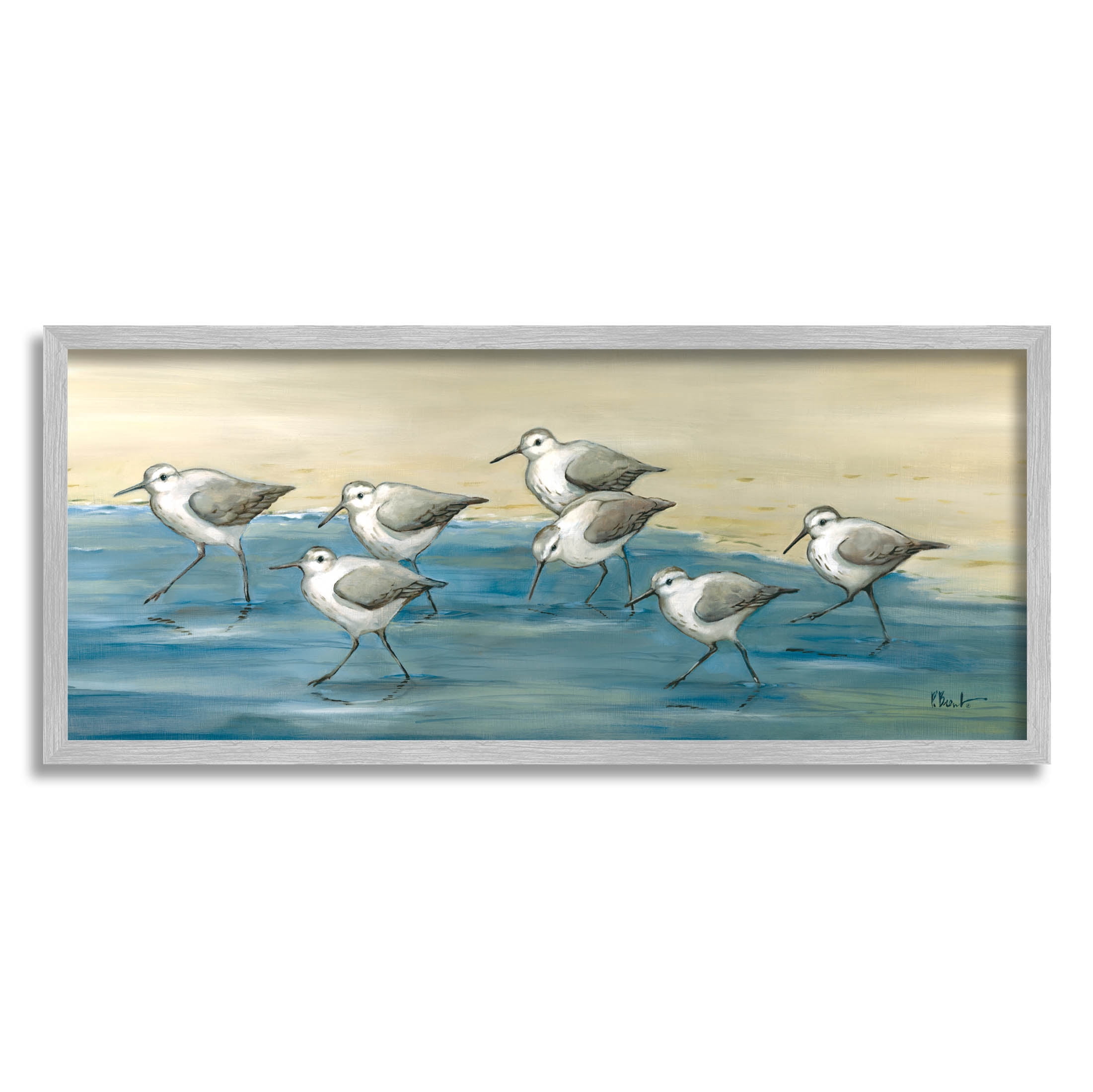 Stupell Industries Sandpiper Bird Flock Beach Shoreline Painting Gray Framed Art Print Wall Art, Design by Paul Brent