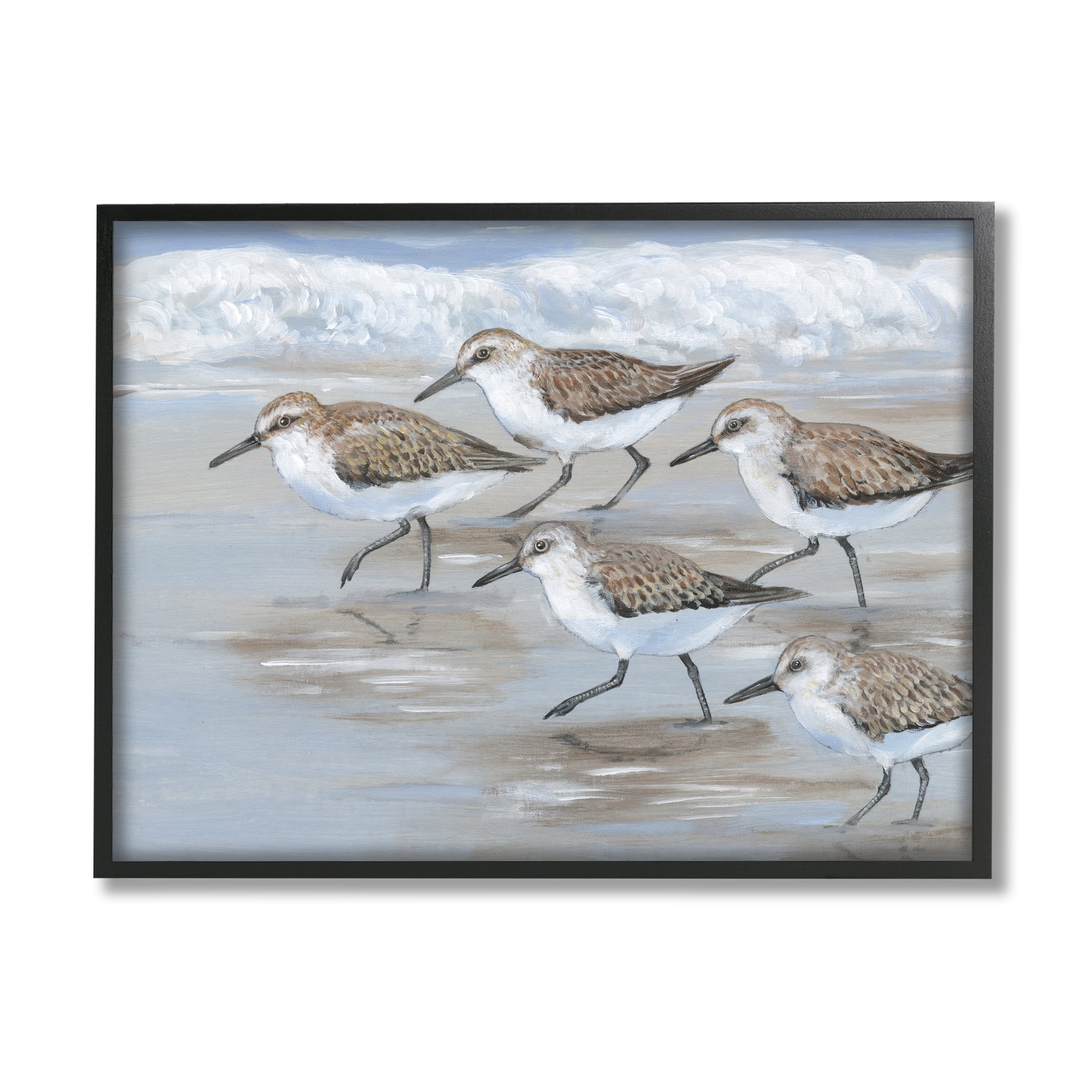 Stupell Industries Sandpiper Bird Flock Marching Beach Coast Waves Paintings Black Framed Art Print Wall Art, 14x11, by Tim OToole