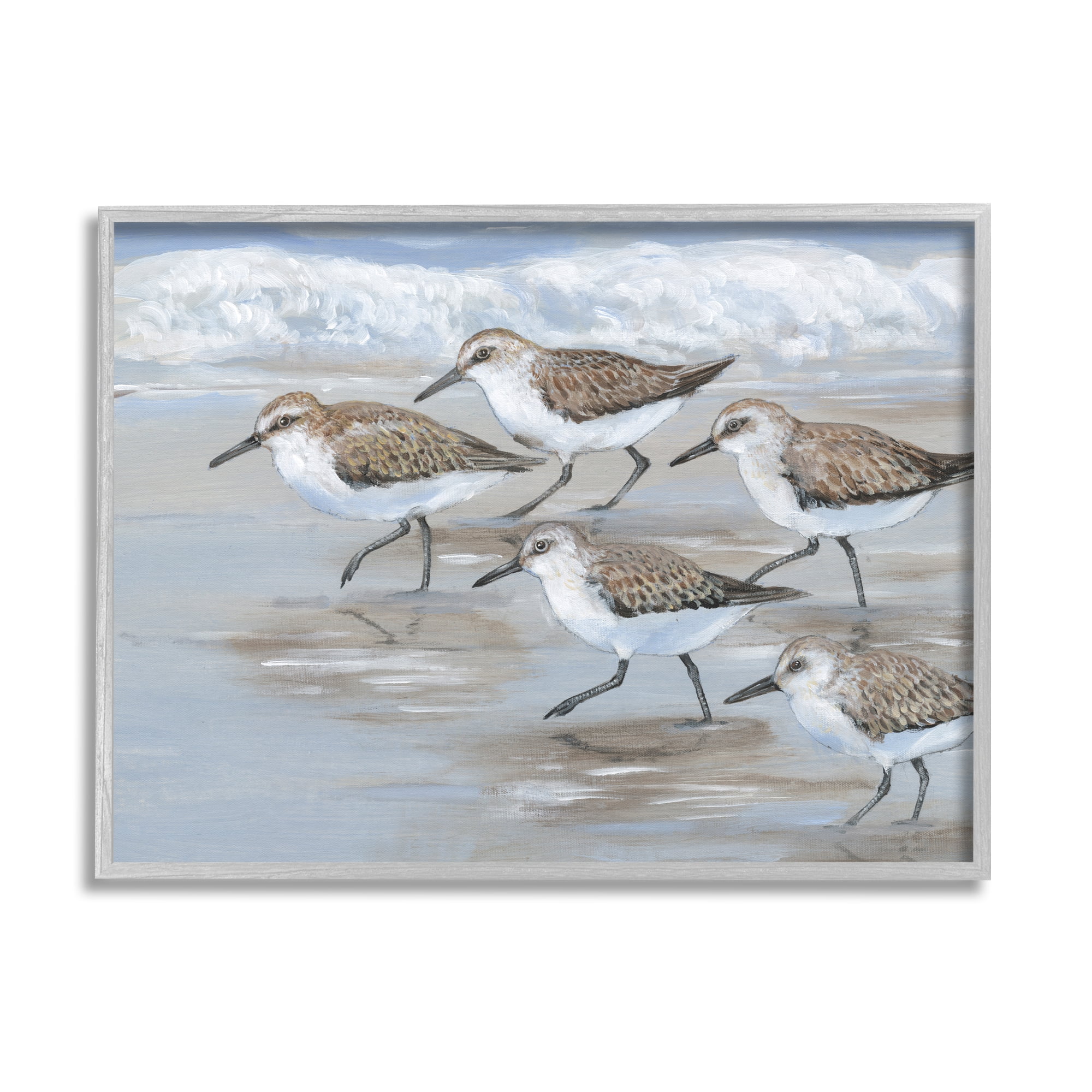 Stupell Industries Sandpiper Bird Flock Marching Beach Coast Waves Paintings Gray Framed Art Print Wall Art, 20x16, by Tim OToole