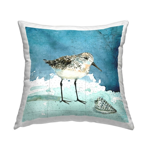 Stupell Industries Sandpiper Bird and Shell Nautical Ocean Map Coastal Blue,18 x 7 x 18 Decorative Pillows