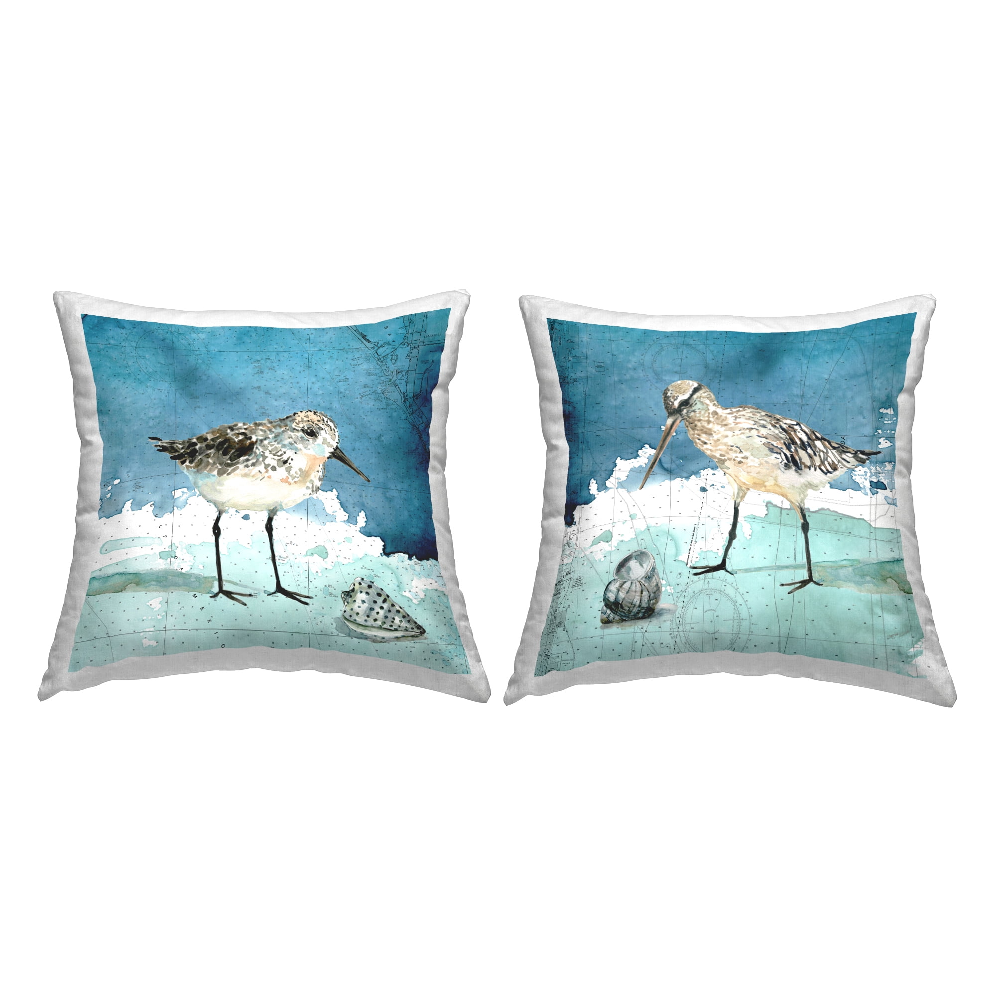 Stupell Industries Sandpiper Birds Nautical Beach Map Polyester Pattern  Coastal Blue, 18 x 7 x 18, Decorative Pillows, (Set of 2) 