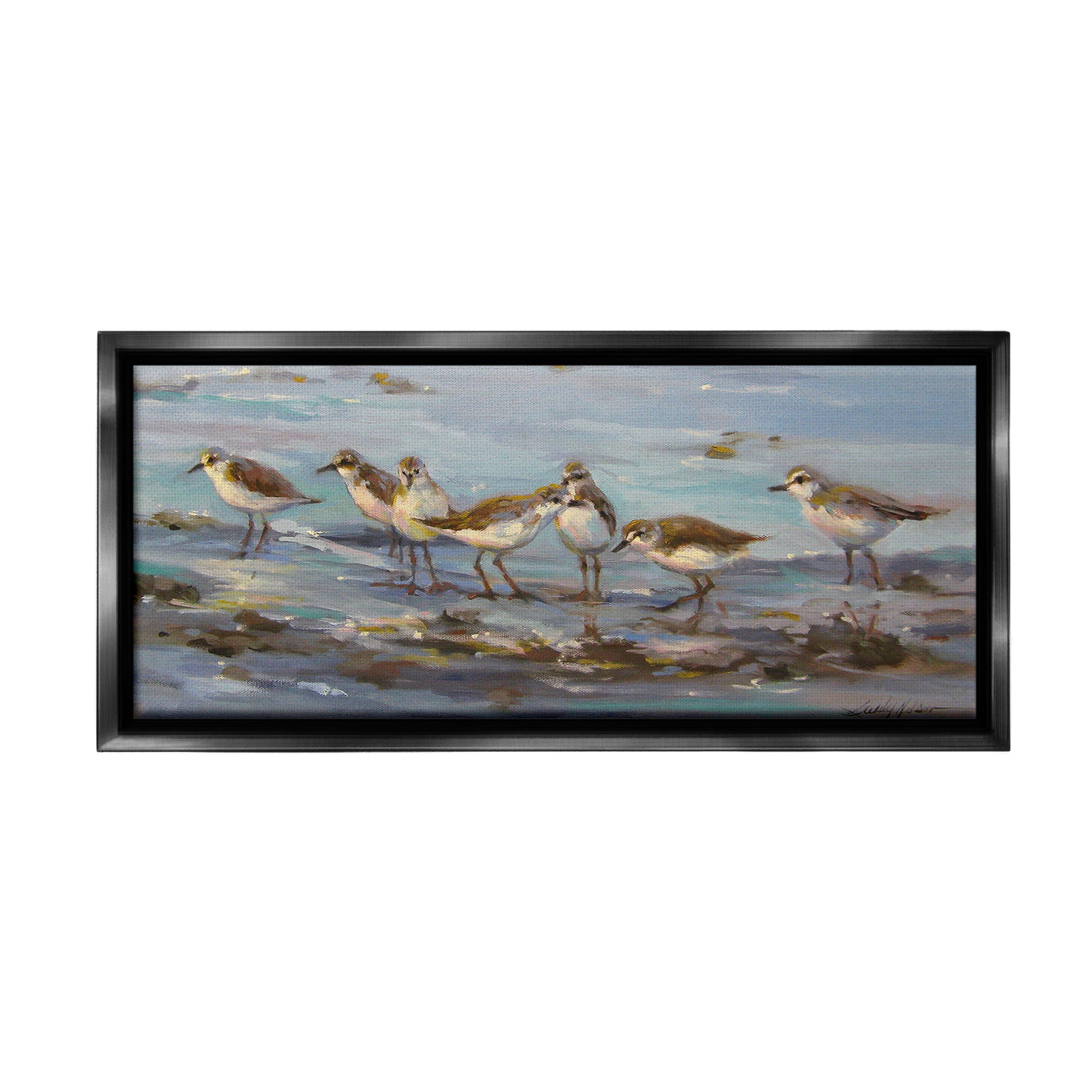 Stupell Industries Sandpiper Flock on Shore Animals & Insects Painting Black Floater Framed Canvas Art Print Wall Art, 31 x 14