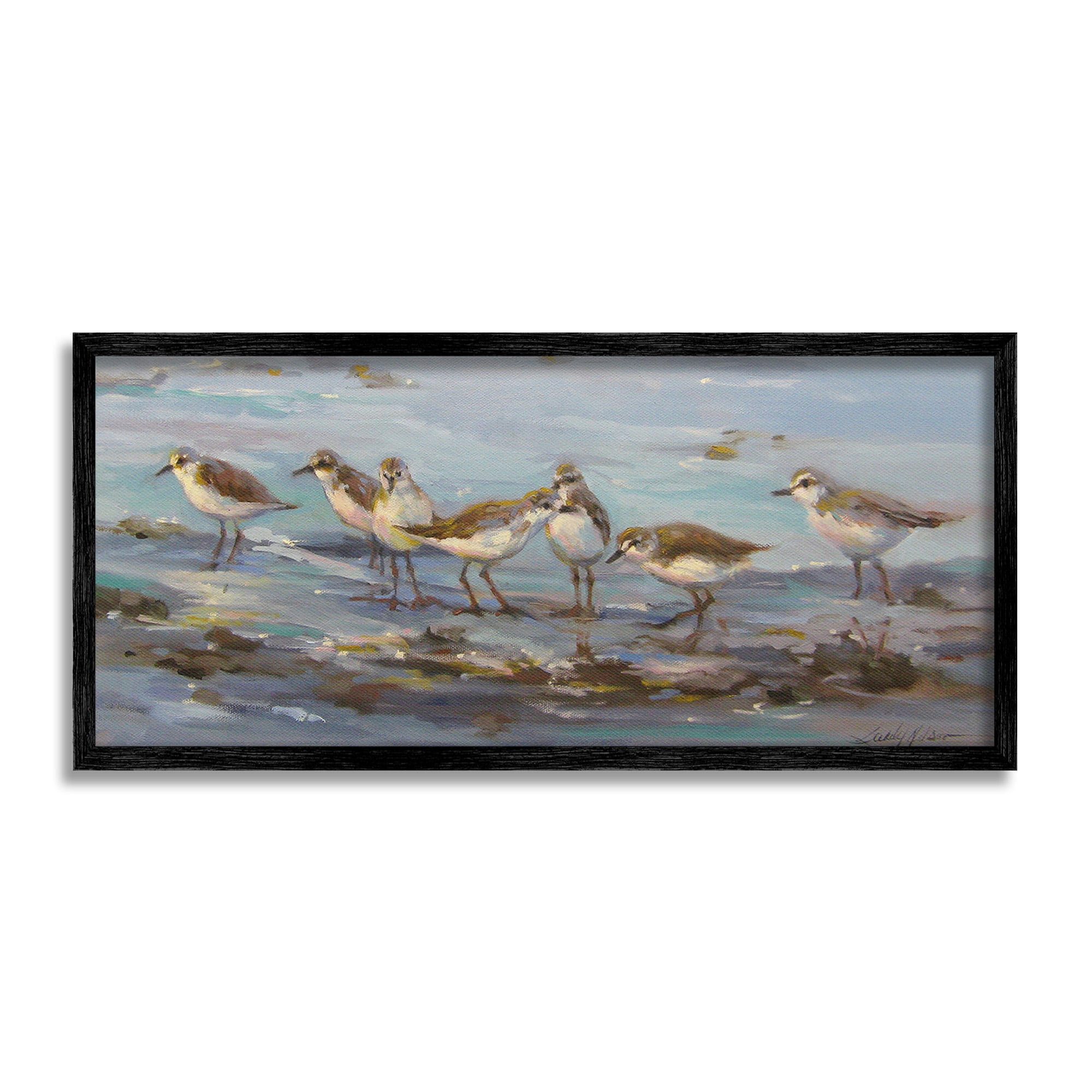 Stupell Industries Sandpiper Flock on Shore Animals & Insects Painting Black Framed Art Print Wall Art, 30 x 13