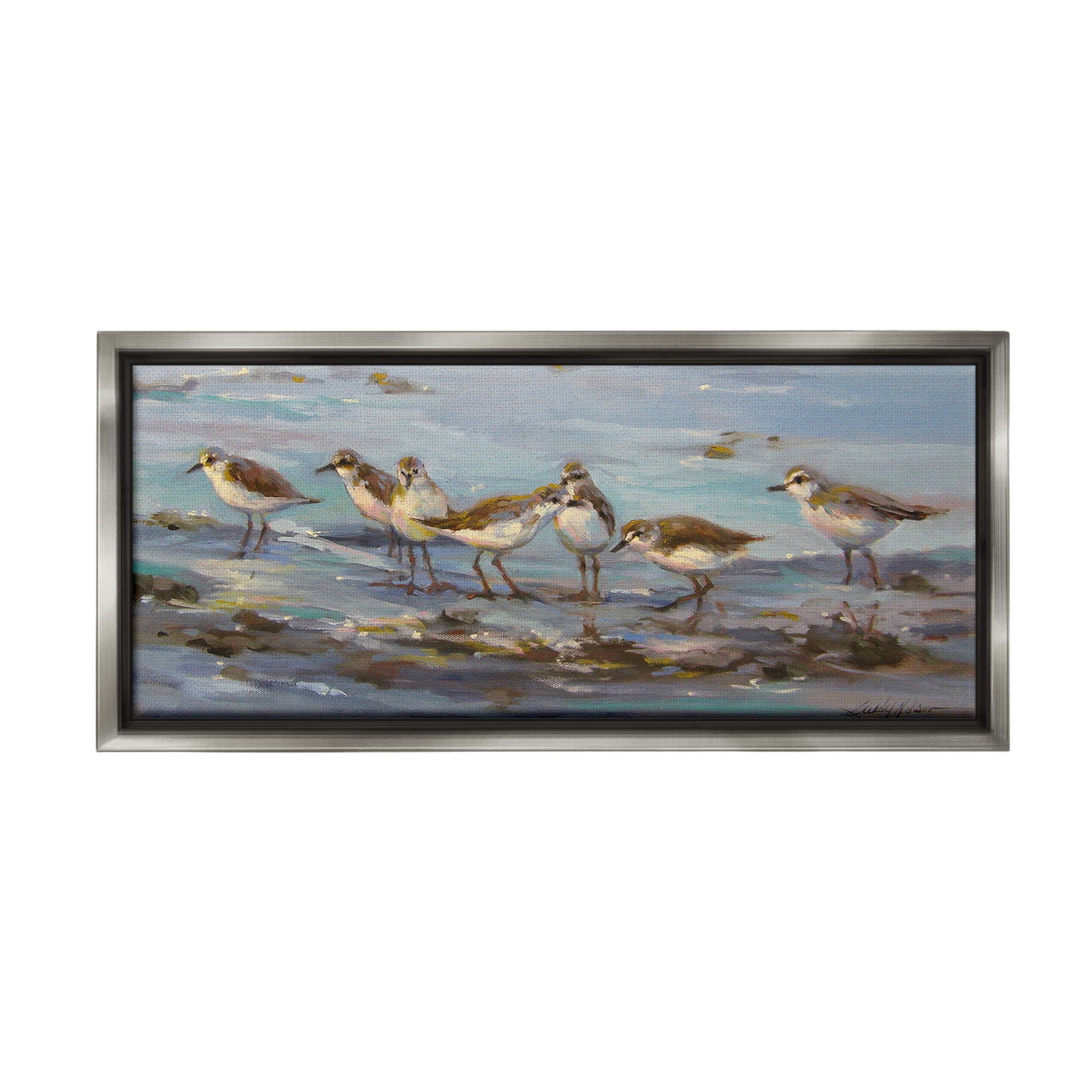 Stupell Industries Sandpiper Flock on Shore Animals & Insects Painting Gray Floater Framed Canvas Art Print Wall Art, 31 x 14